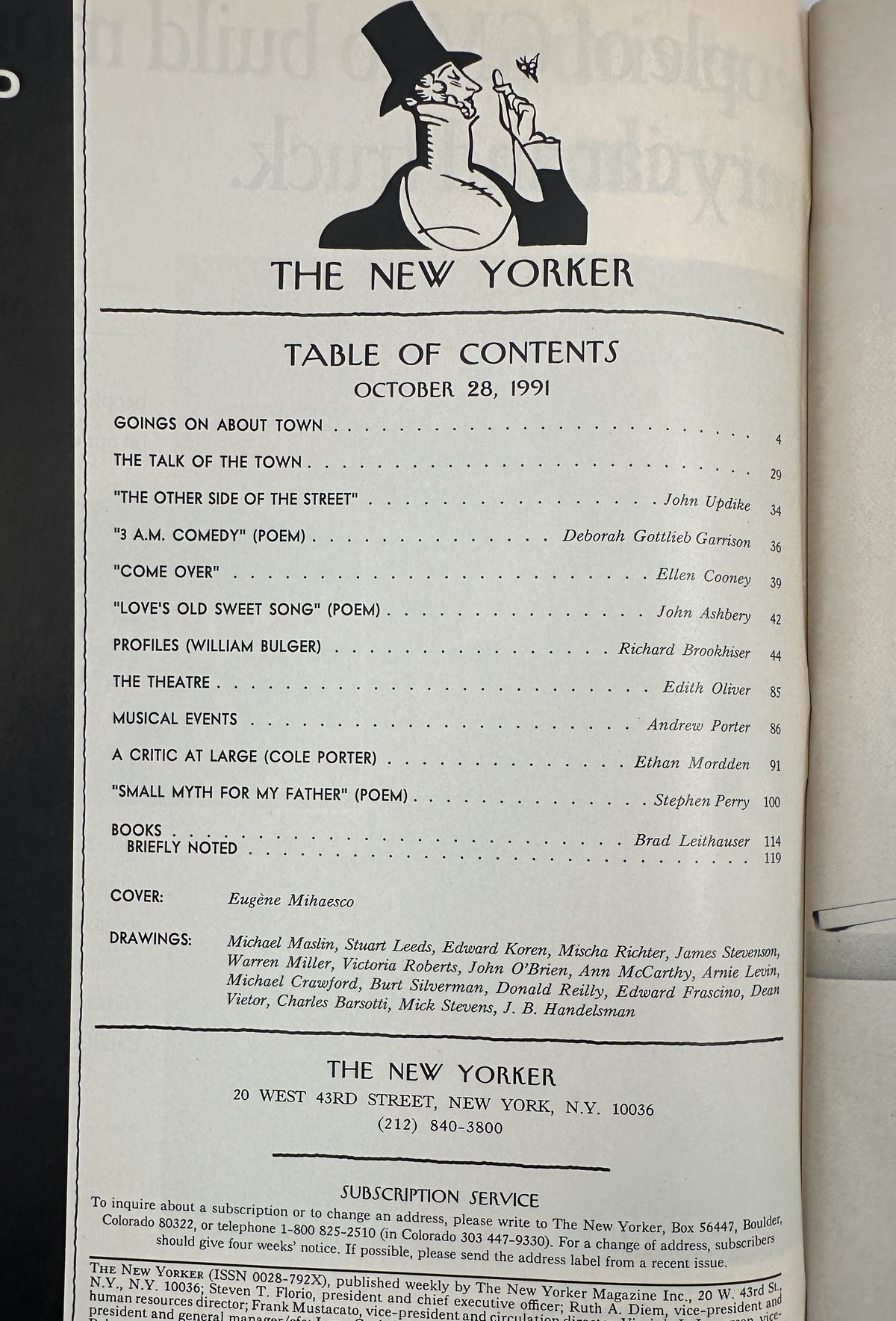 The New Yorker Magazine October 28, 1991 Comic Strip Speech Bubble Eugène Mihaesco Cover, showing the table of contents page with the issue date, featured articles, poems, reviews, cover artist, and contributing cartoonists.