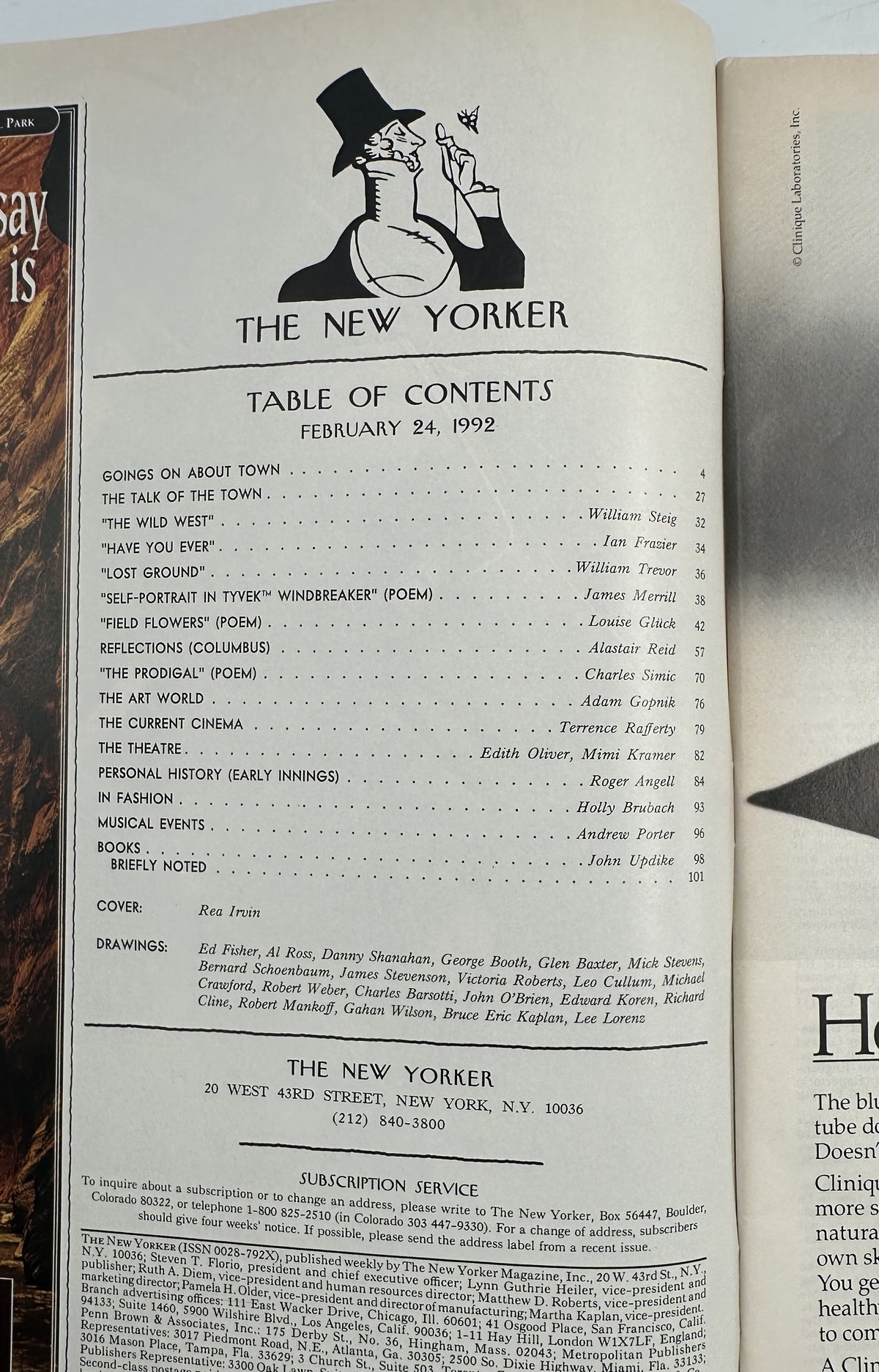 The New Yorker Magazine February 24, 1992 Top Hat Butterfly Rea Irvin Cover open to the table of contents page with issue details and article listings