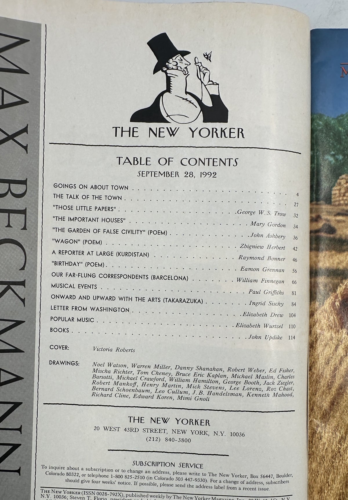 The New Yorker Magazine September 28, 1992 Masquerade Staircase Pumpkin Cover interior table of contents page listing articles, poems, drawings, and contributors