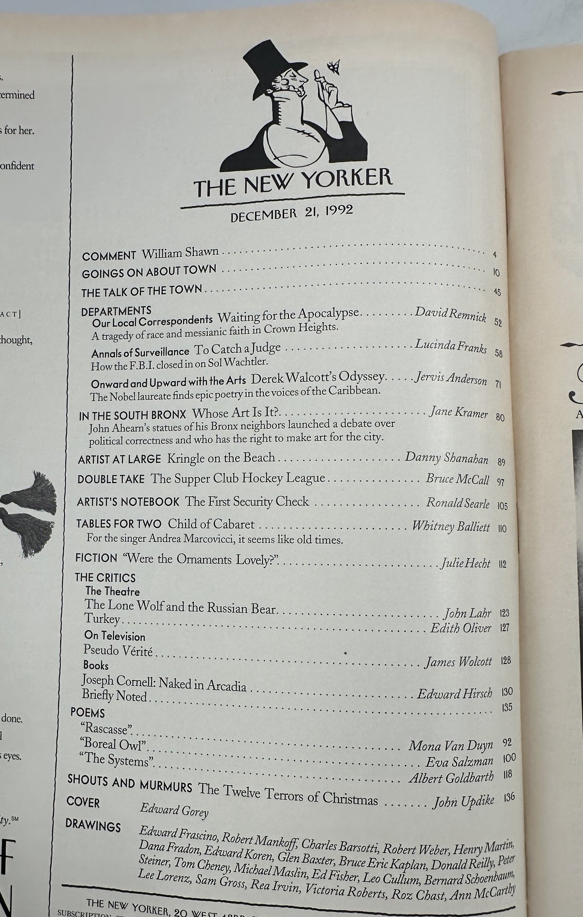 The New Yorker Magazine December 21, 1992 Christmas Tree Decorating Edward Gorey Cover table of contents page featuring the issue's articles, fiction, poems, reviews, drawings, and Edward Gorey cover credit