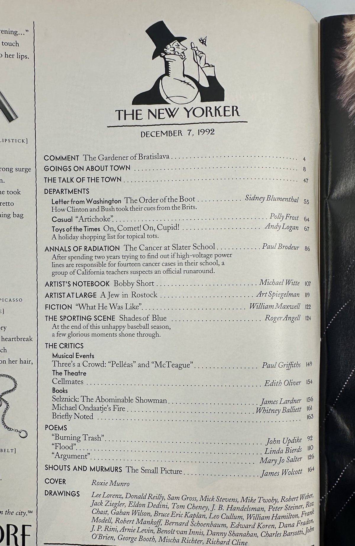 The New Yorker Magazine December 7, 1992 Snowy City Rooftop Holiday Roxie Munro Cover, interior table of contents page with magazine sections, articles, poems, drawings, and cover credit