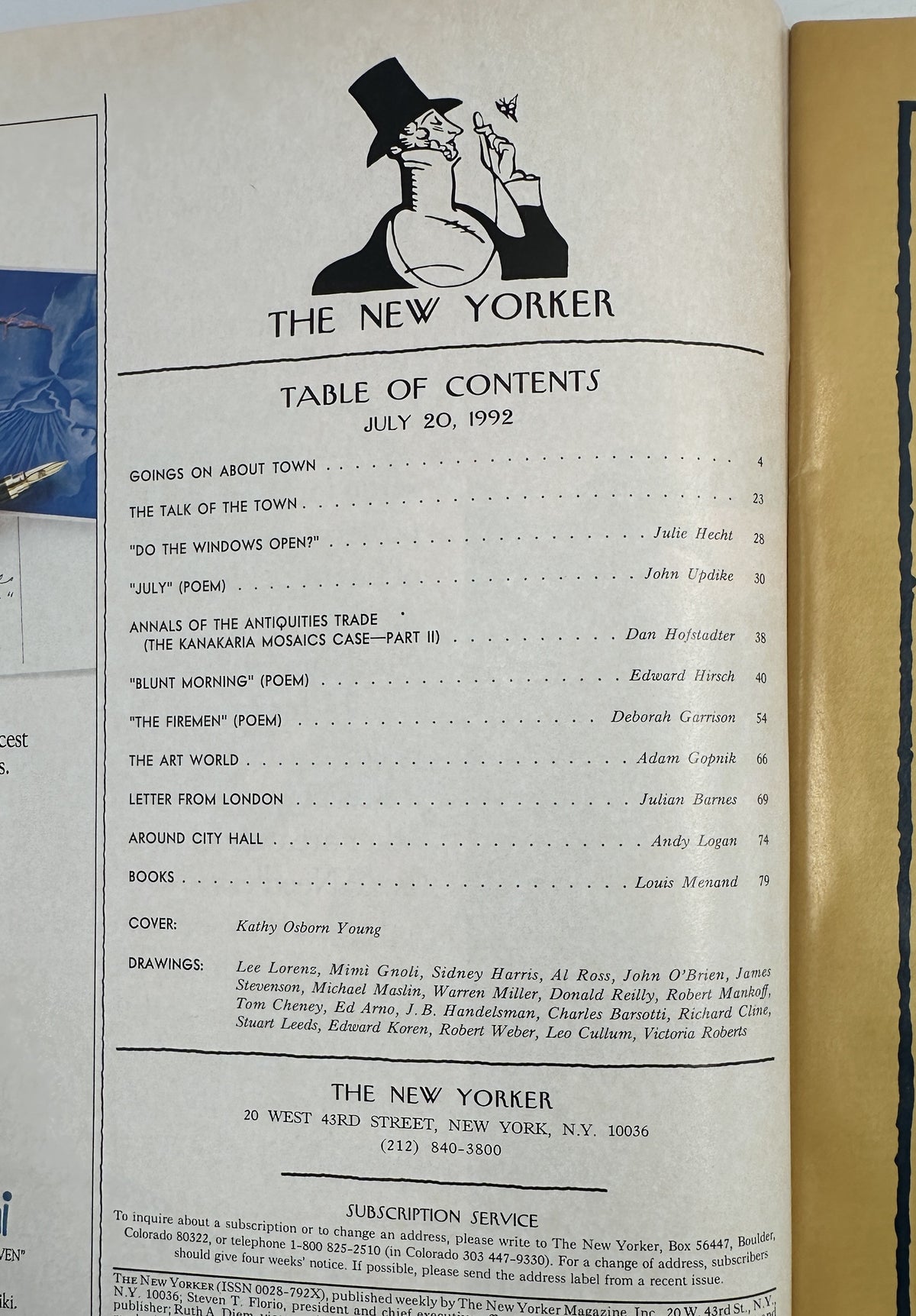 The New Yorker Magazine July 20, 1992 Aerial Pool Tennis Court Kathy Osborn Young Cover, showing the magazine table of contents and issue details inside the vintage publication.