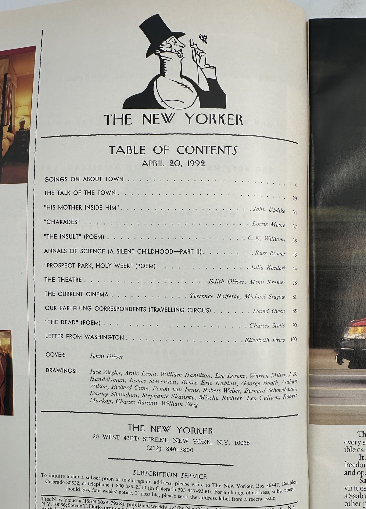 The New Yorker Magazine April 20, 1992 Blue Hen Painted Egg Jenni Oliver Cover shown open to the table of contents page listing featured articles, poems, reviews, and contributors.