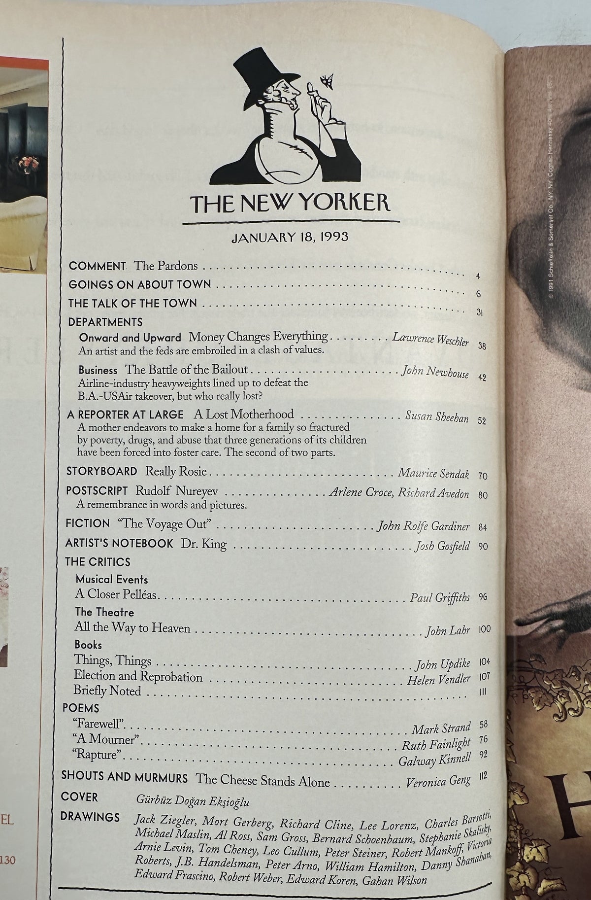 The New Yorker Magazine January 18, 1993 Four Surreal Teacups Gürbüz Doğan Ekşioğlu Cover, open to the table of contents page with the New Yorker masthead and featured articles
