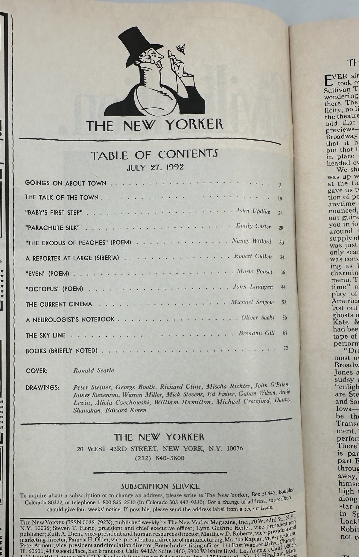 The New Yorker Magazine July 27, 1992 Rowboat Animals City Park Ronald Searle Cover table of contents page showing featured articles, poems, authors, cover credit, and drawings list.