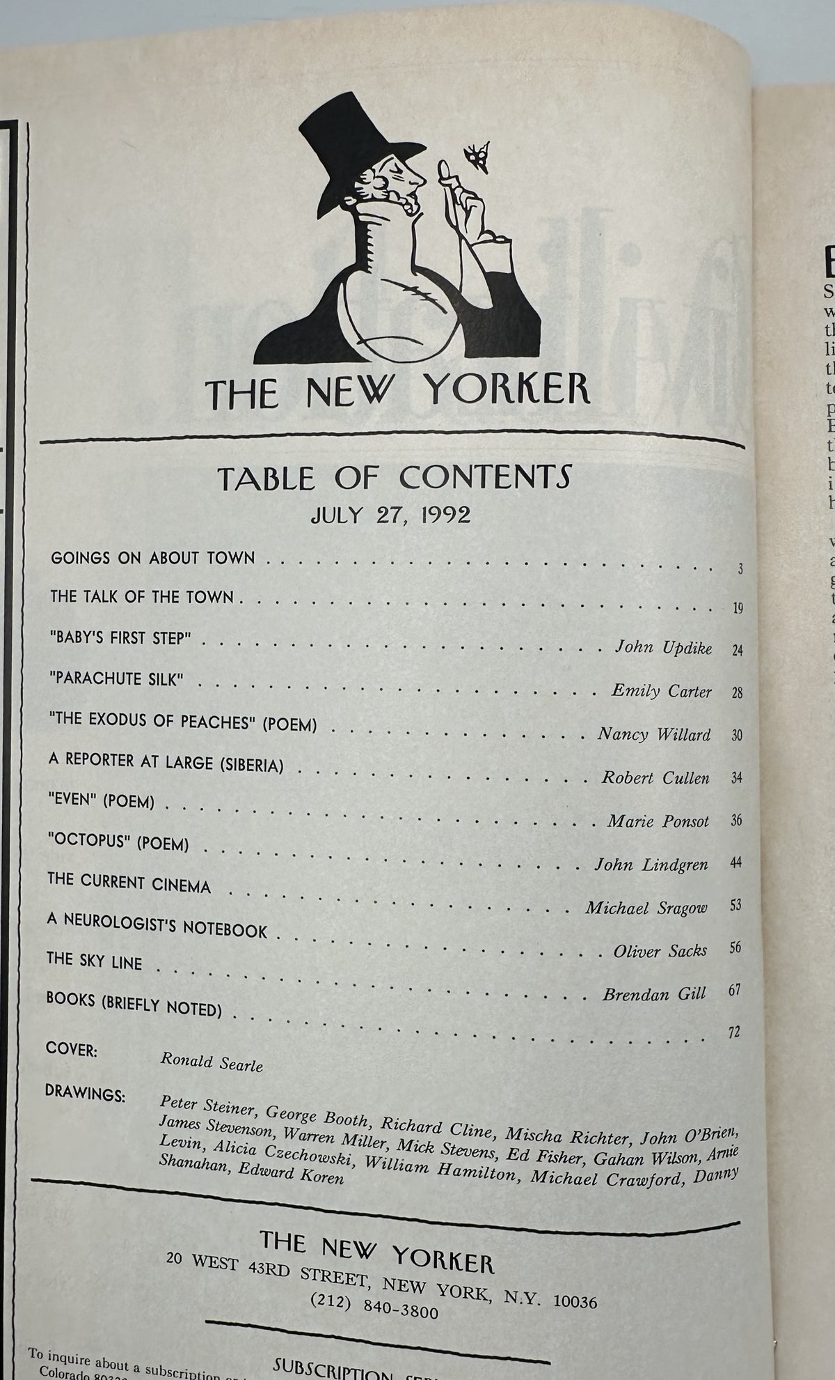 The New Yorker Magazine July 27, 1992 Rowboat City Skyline Ronald Searle Cover VG, interior table of contents page listing articles, poems, columns, and contributors.