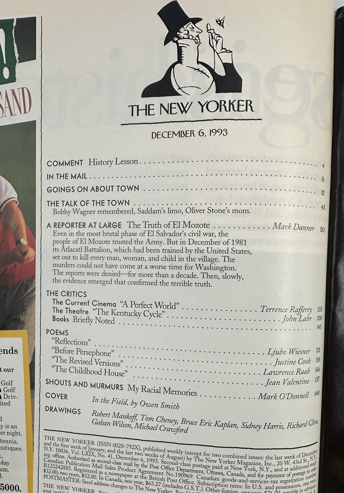The New Yorker Magazine December 6, 1993 Cornfield Grim Reaper Owen Smith Cover VG, open to the table of contents page listing articles, poems, reviews, and drawings.