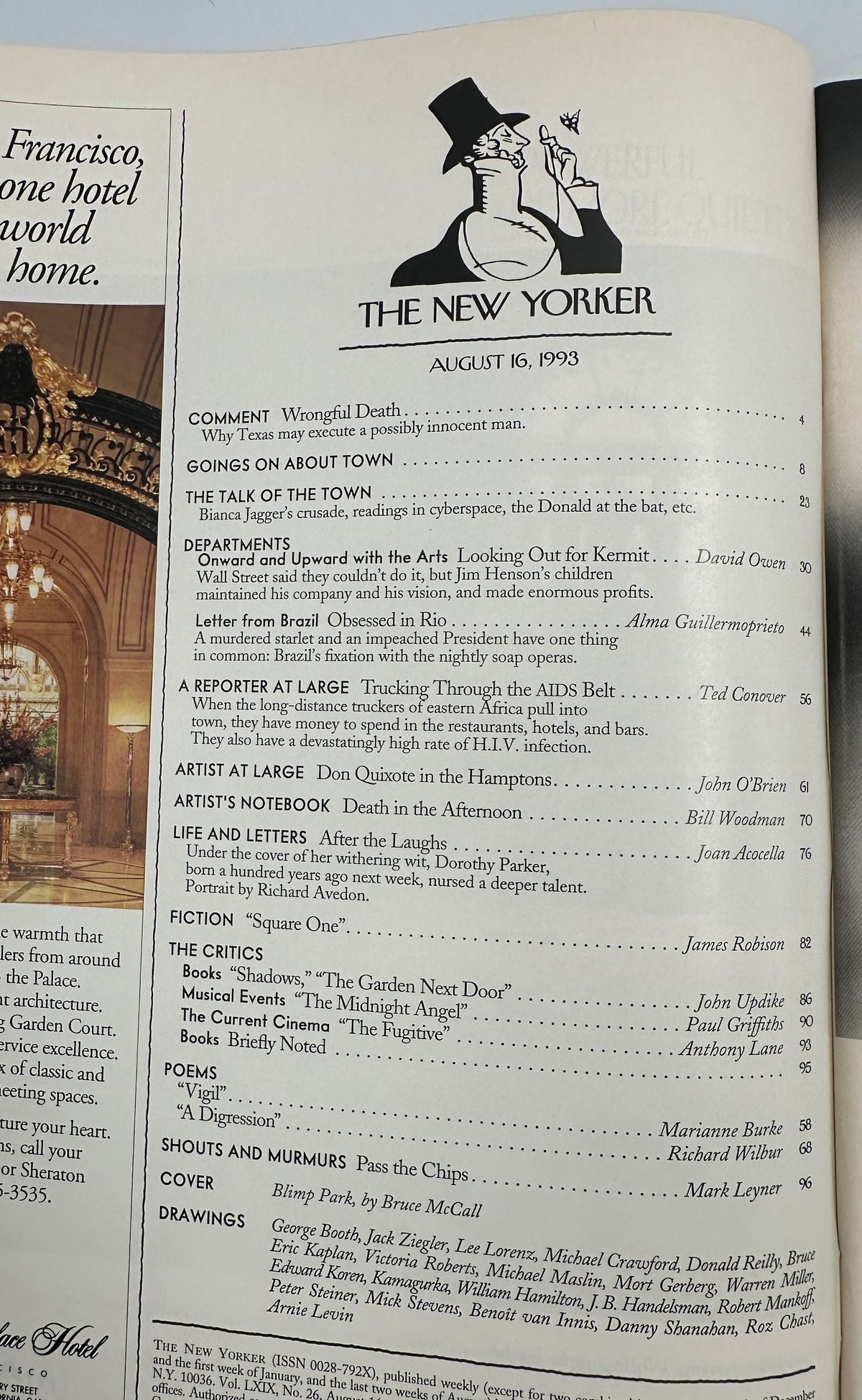The New Yorker Magazine August 16, 1993 Blimp Parking Garage Bruce McCall Cover VG, photographed table of contents page featuring issue listings, articles, fiction, reviews, poems, cartoons, and Bruce McCall cover credit.