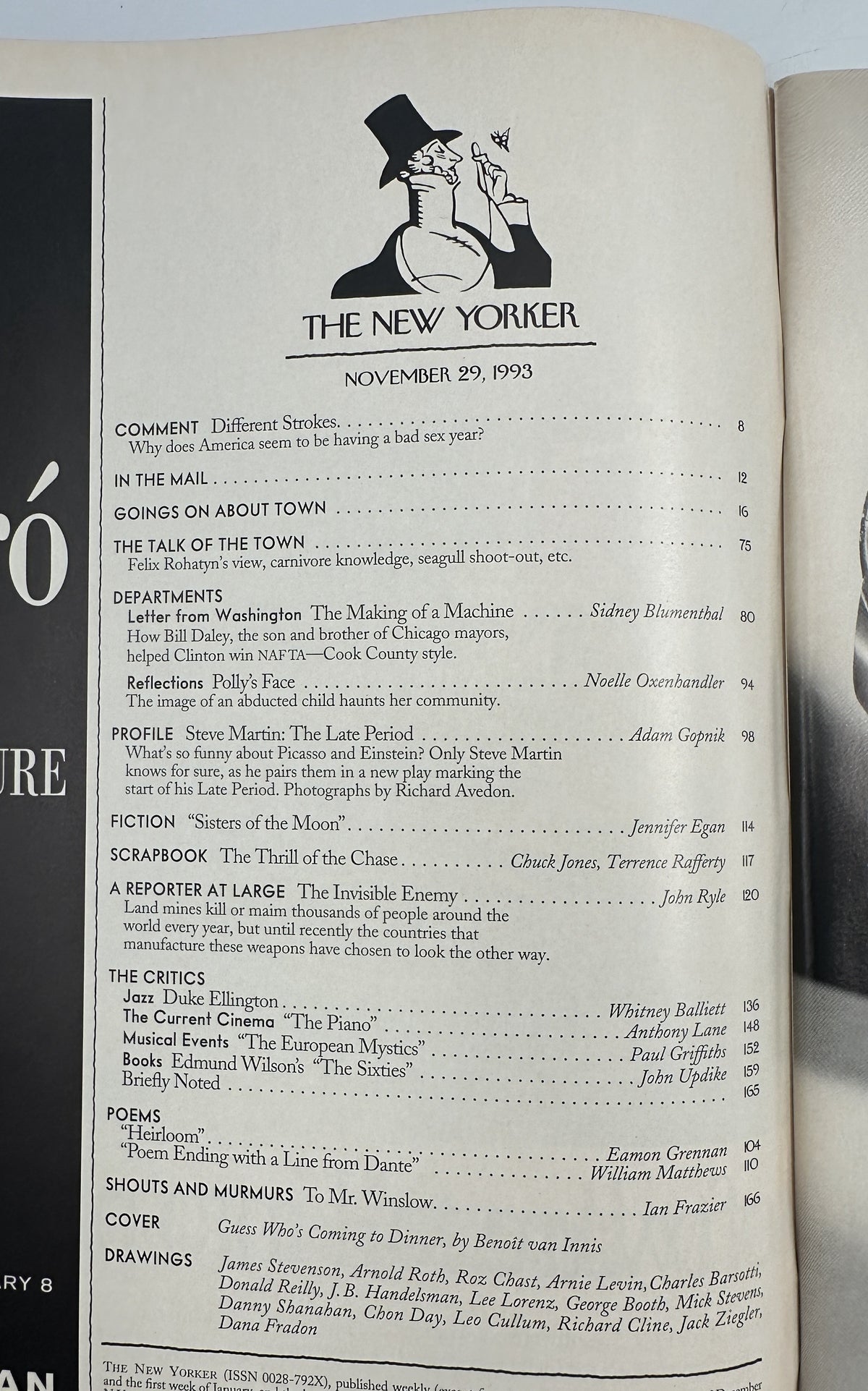 The New Yorker Magazine November 29, 1993 Thanksgiving Dinner Benoit van Innis Cover VG, showing the issue's table of contents page.