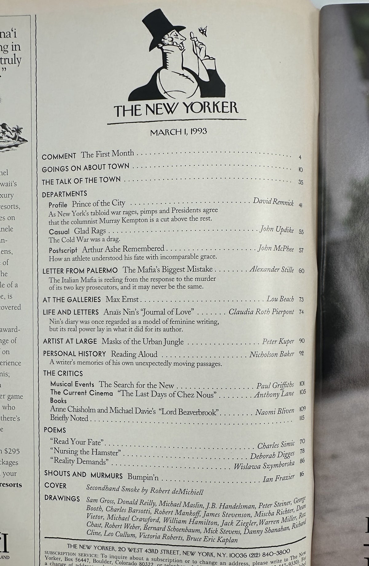 The New Yorker Magazine March 1, 1993 Cocktail Party Smoking Robert deMichiell Cover VG, showing the issue table of contents with featured articles, poems, drawings, and cover credits.