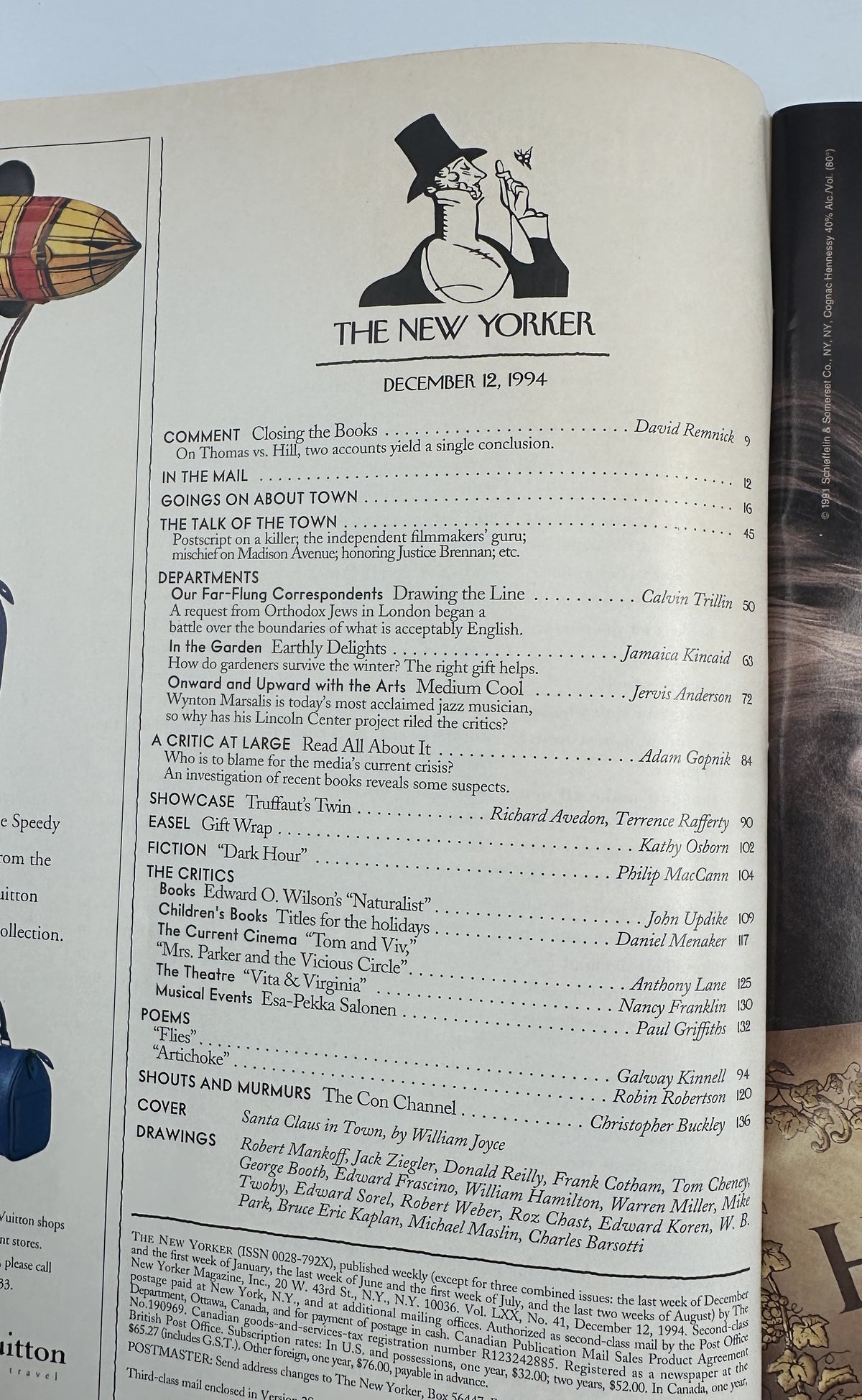 The New Yorker Magazine December 12, 1994 Santa Workshop William Joyce Cover VG, open to the magazine table of contents page with issue details and listed articles.