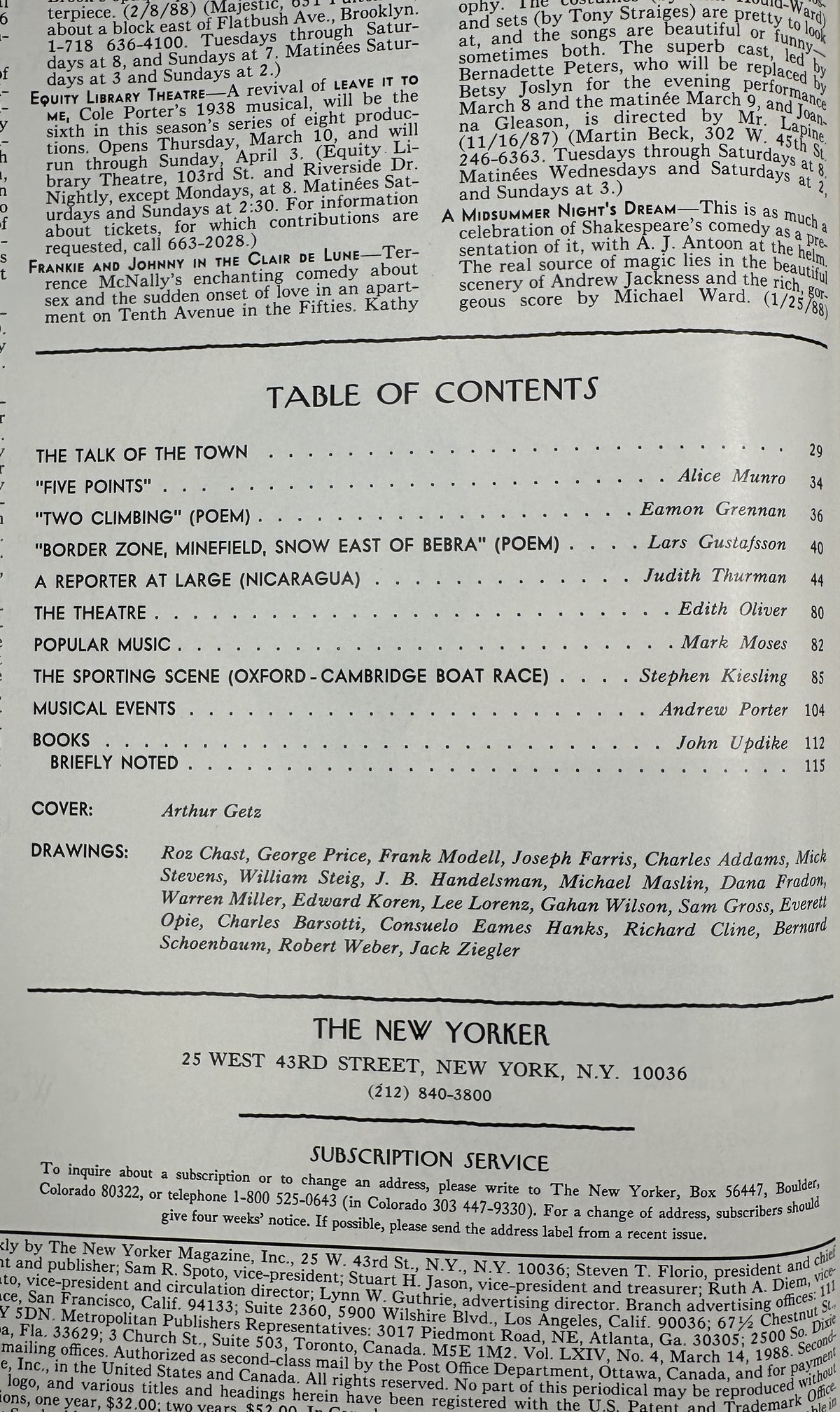 The New Yorker Magazine March 14, 1988 Coastal Village Arthur Getz Cover showing the issue's table of contents, articles, poems, contributors, cover credit, and drawings list.