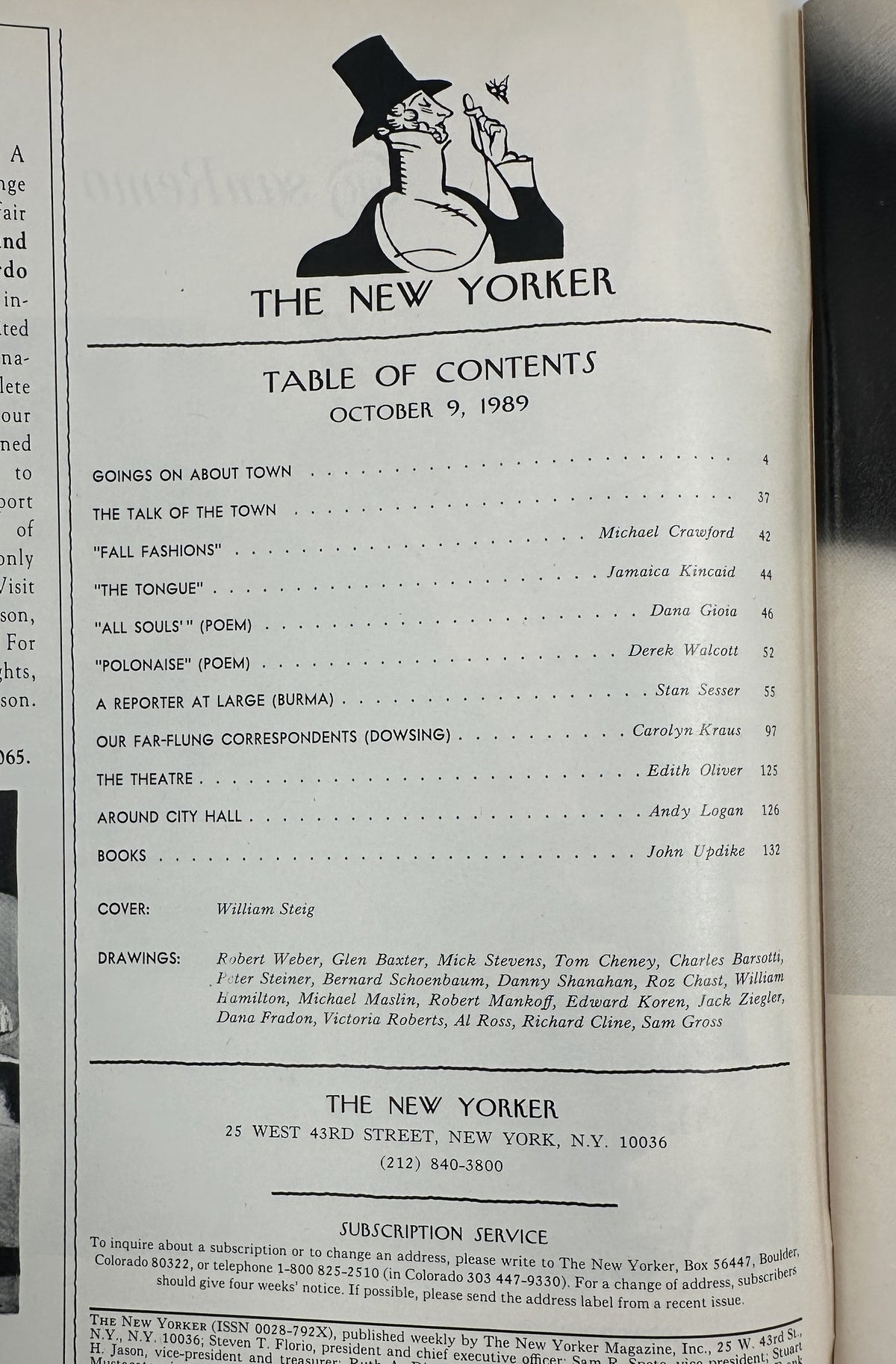 The New Yorker Magazine October 9, 1989 Viking Ship Sea William Steig Cover table of contents page showing issue articles, contributors, cover artist William Steig, and drawings list