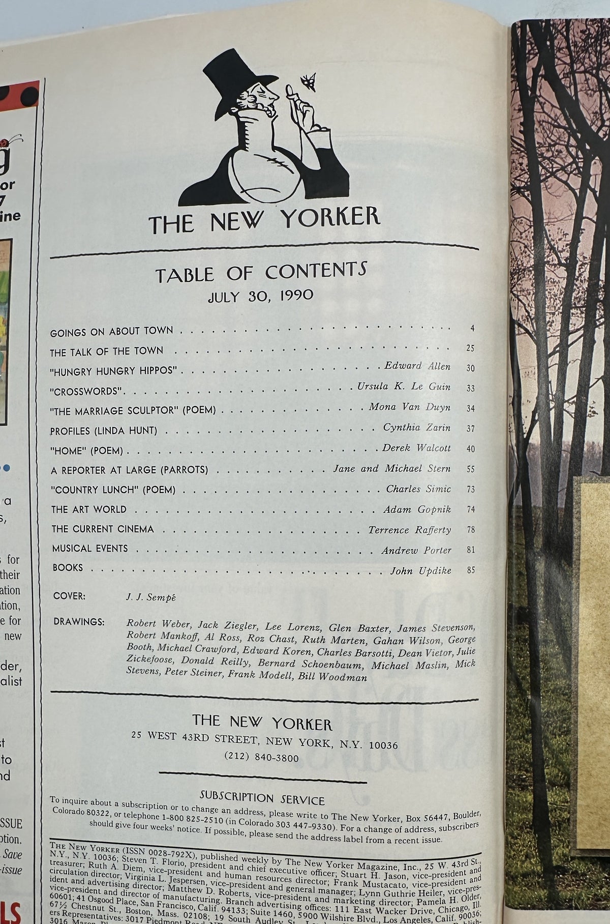 The New Yorker Magazine July 30, 1990 Garden Party J. J. Sempé Cover opened to the table of contents page, listing articles, poems, profiles, and departments.