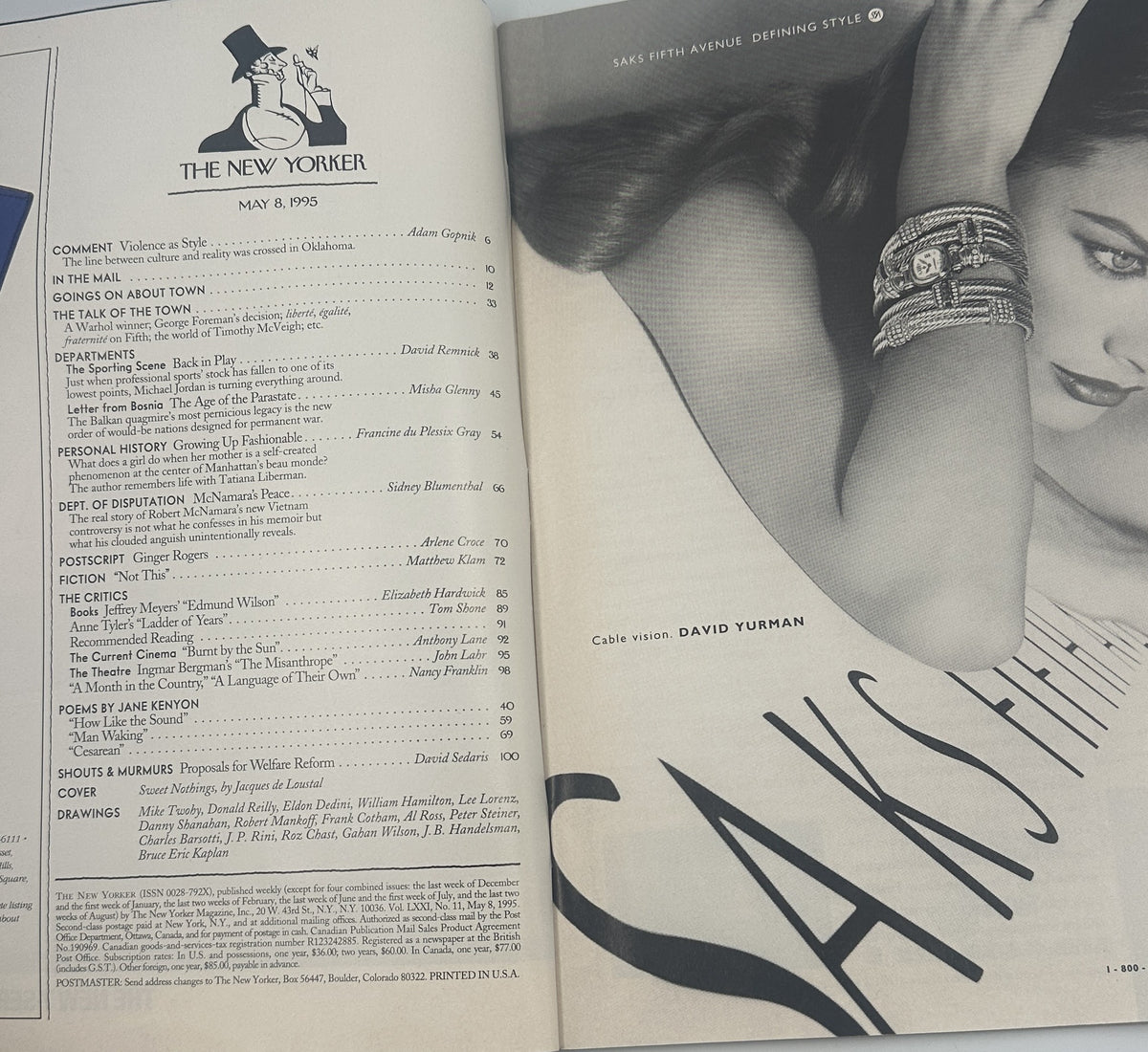 The New Yorker Magazine May 8, 1995 Restaurant Dinner Jacques de Loustal Cover VG, open to the table of contents beside a black-and-white fashion advertisement.