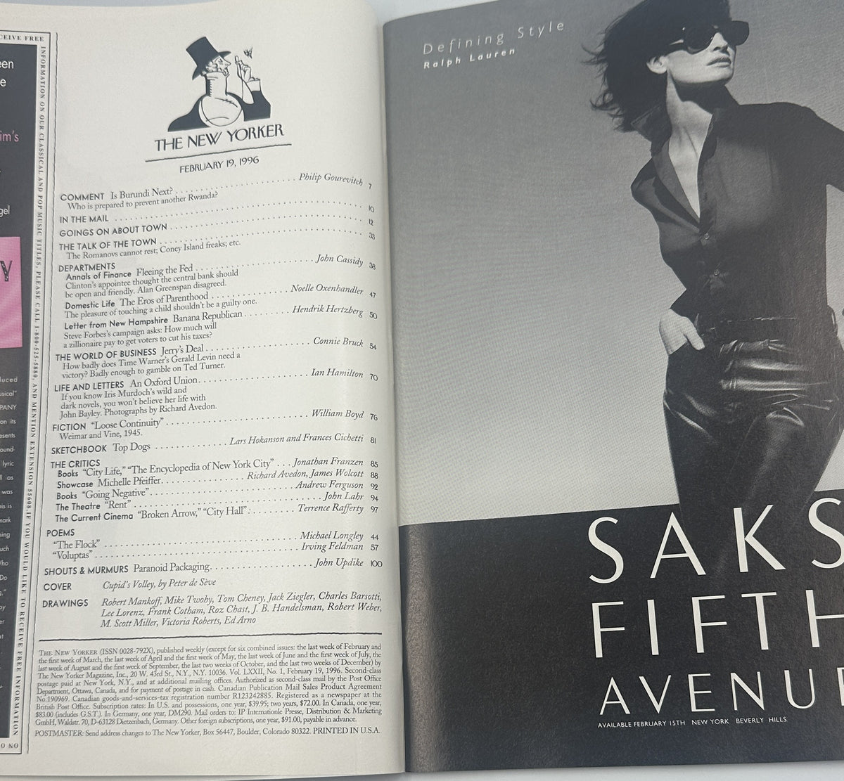 The New Yorker Magazine February 19, 1996 Cupid Arrows Restaurant Peter de Sève Cover VG, opened to the table of contents beside a Saks Fifth Avenue fashion advertisement.