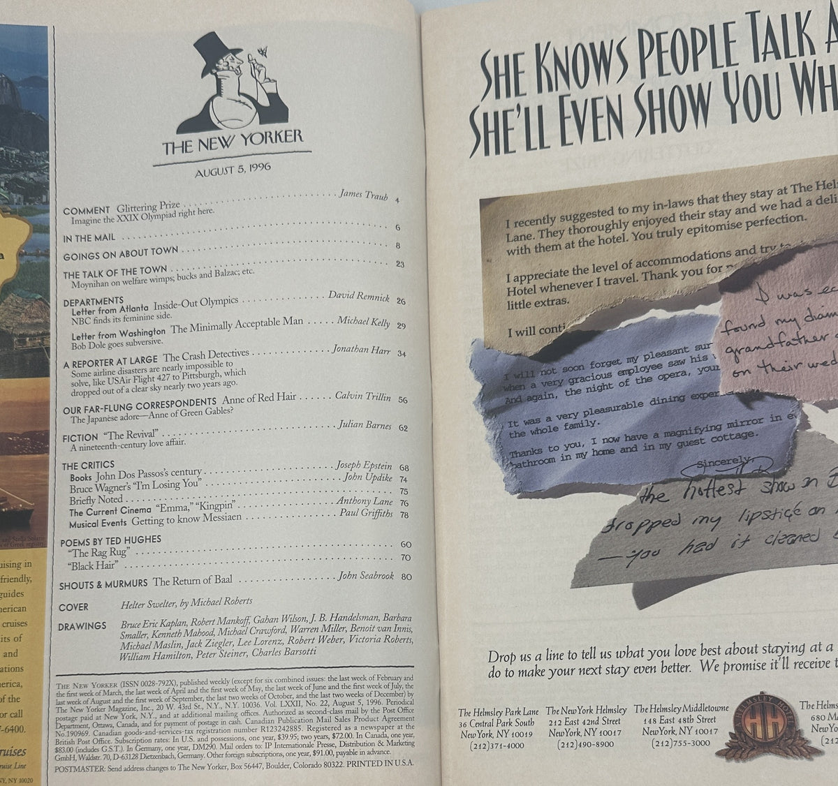 The New Yorker Magazine August 5, 1996 Olympic City Silhouette Michael Roberts Cover VG, open to the table of contents and a facing illustrated editorial page.