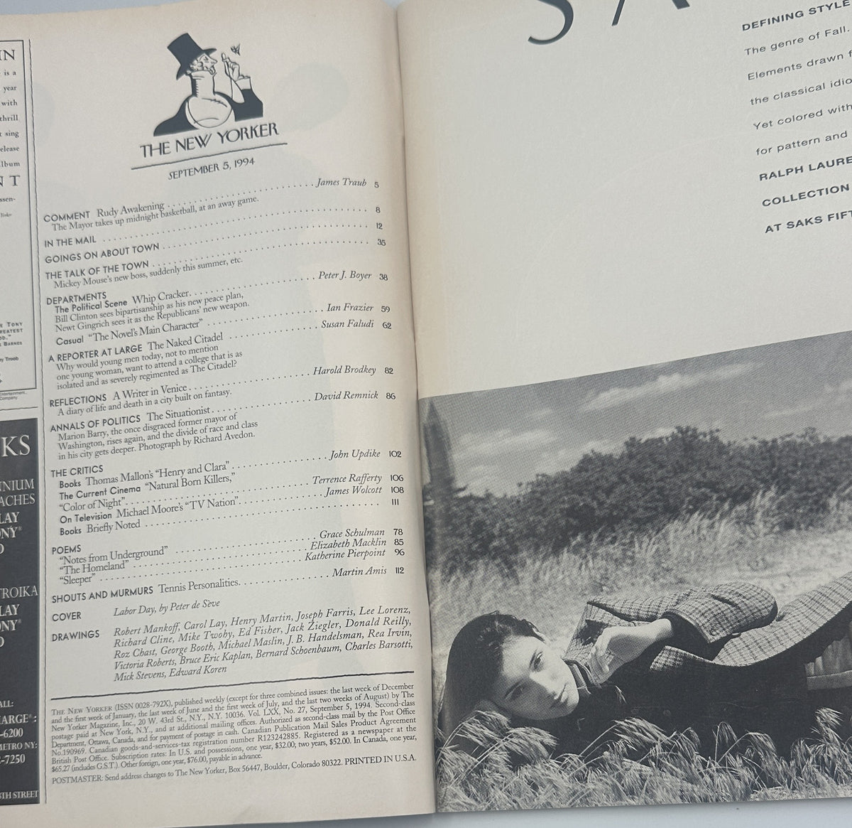 The New Yorker Magazine September 5, 1994 Seagulls Marina Harbor Peter de Seve Cover VG, open to the table of contents beside a black-and-white editorial photograph.