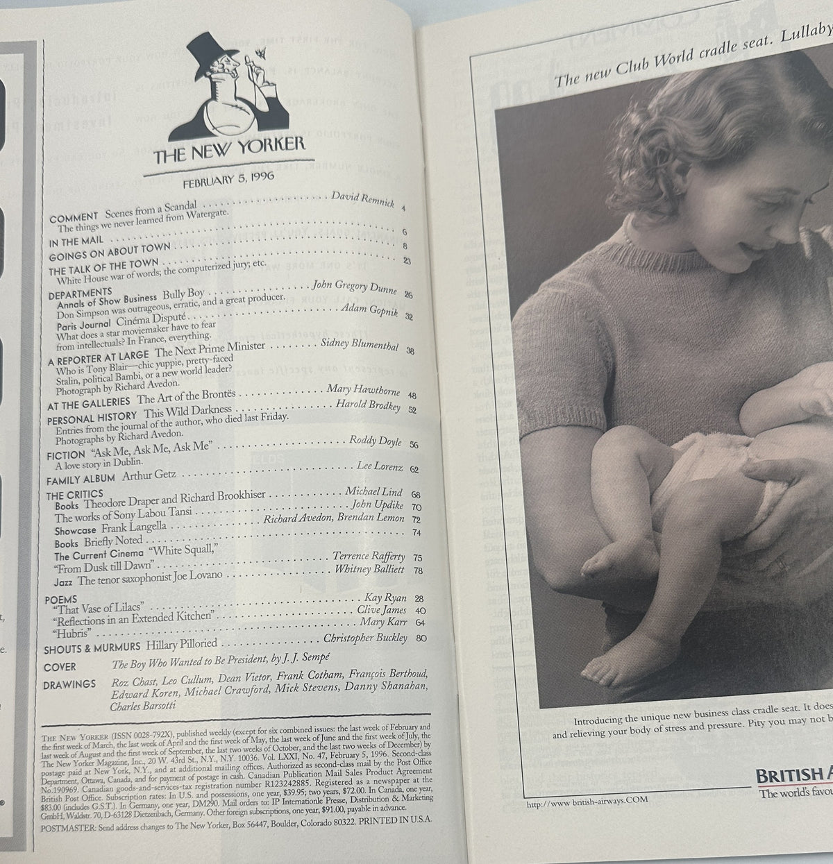 The New Yorker Magazine February 5, 1996 Jazz Music City Night J. J. Sempé Cover VG opened to the table of contents, with a vintage British Airways advertisement featuring a mother and child on the facing page