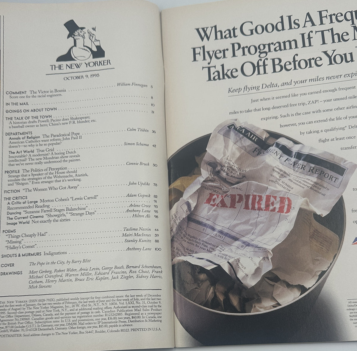 The New Yorker Magazine October 9, 1995 Pope Chrysler Building Barry Blitt Cover VG, opened to the table of contents and a facing-page advertisement featuring a newspaper-filled wastebasket.