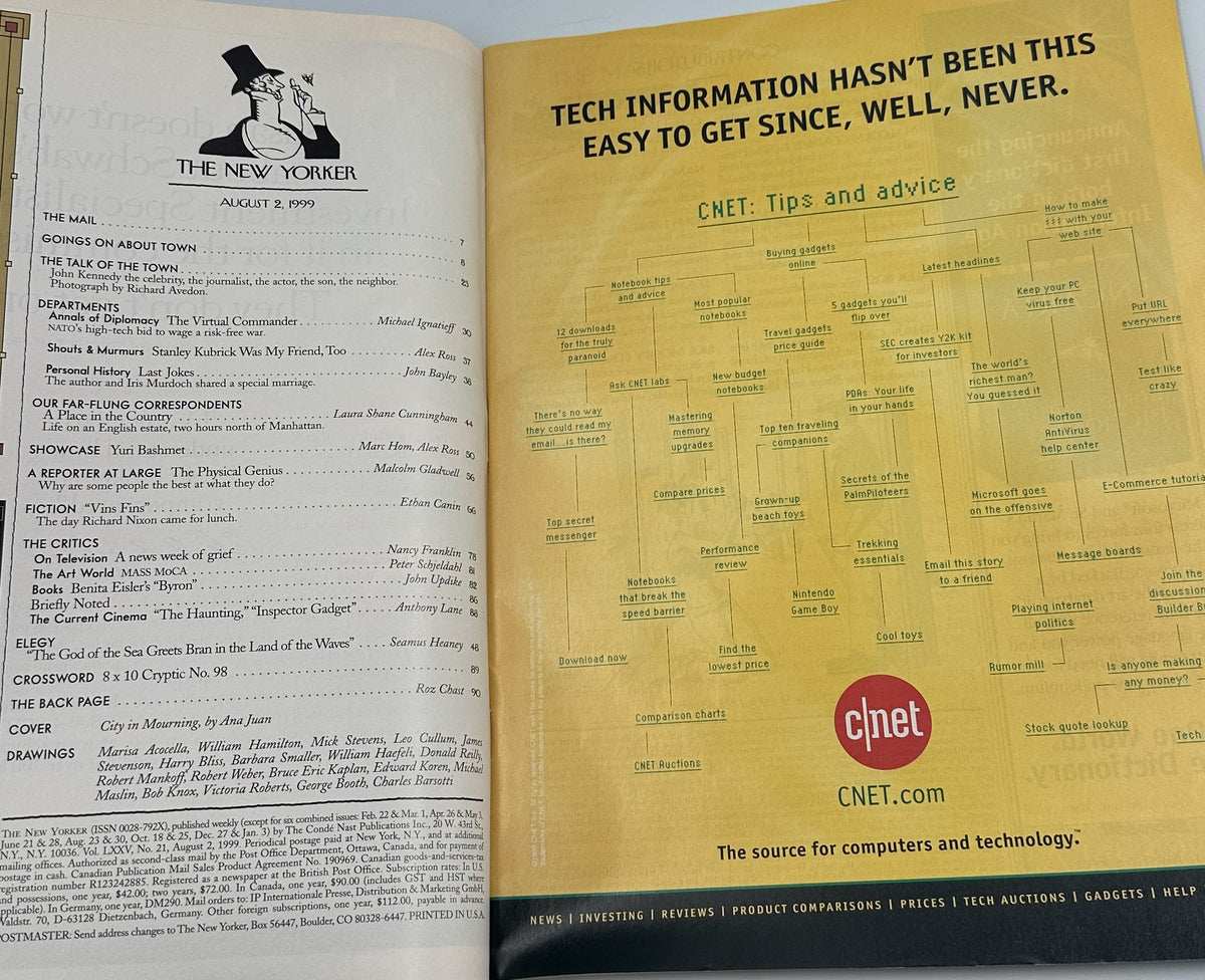 The New Yorker Magazine August 2, 1999 Mourning Statue of Liberty Ana Juan Cover shown open to the table of contents beside a vintage CNET technology advertisement.