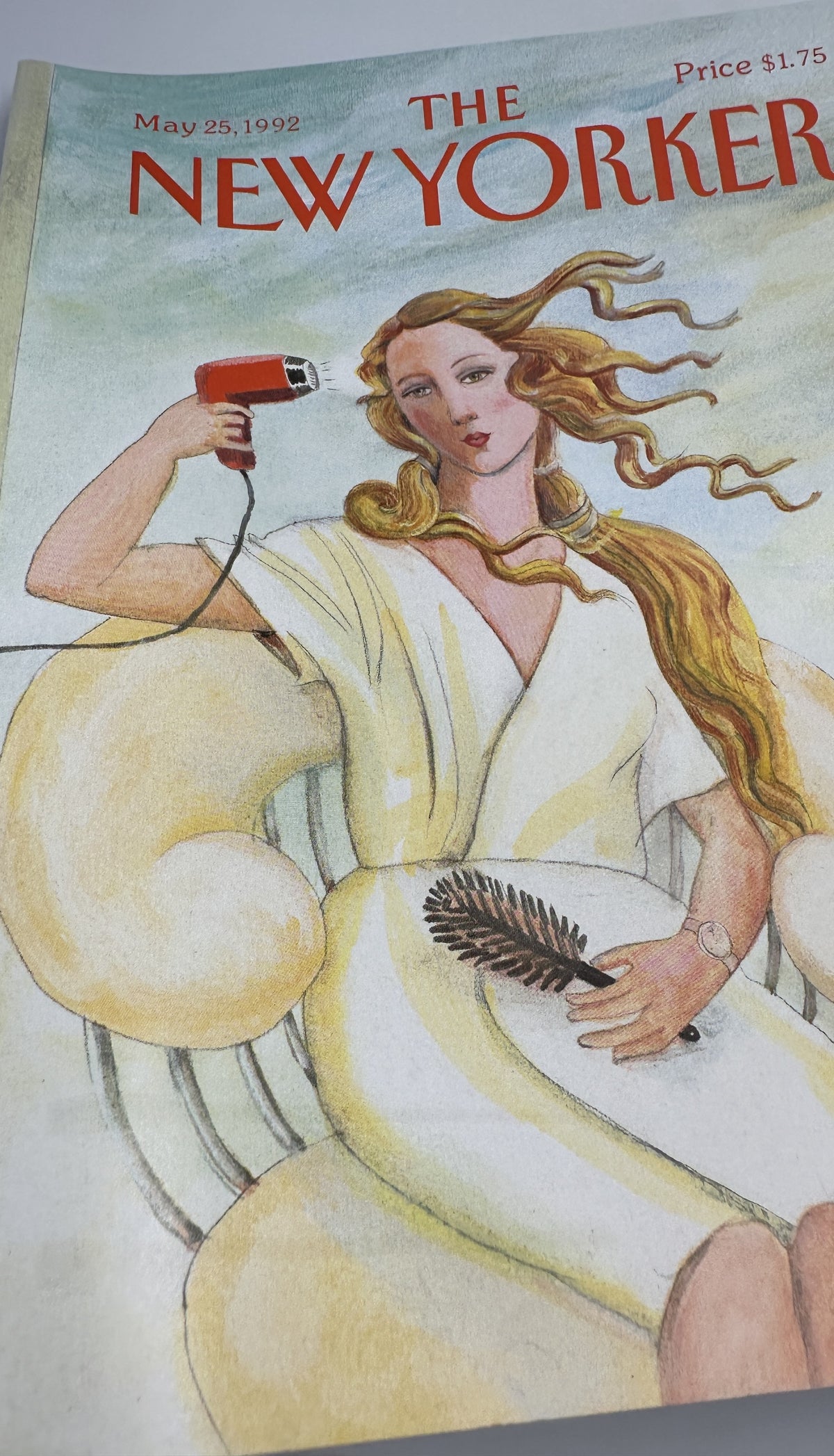 The New Yorker Magazine May 25, 1992 Woman Hair Dryer Susan Davis Cover, close-up view of the illustrated woman holding a hair dryer and hairbrush.