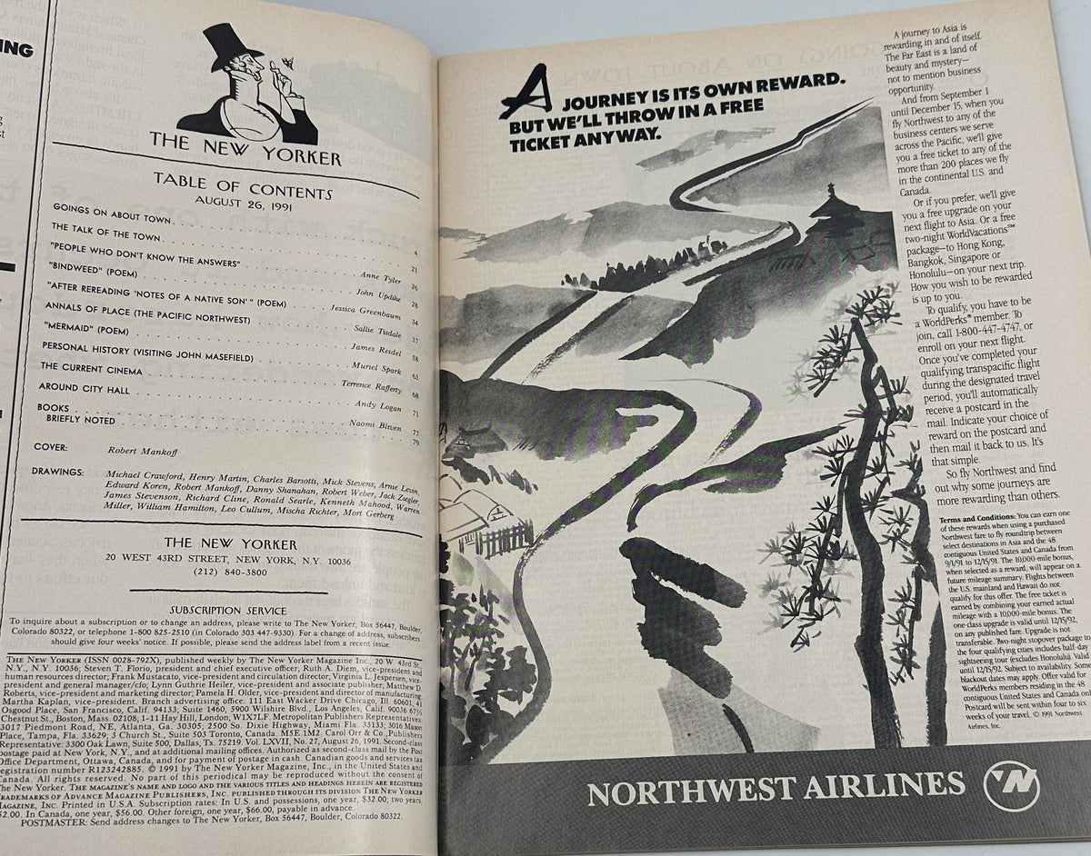 The New Yorker Magazine August 26, 1991 Sandcastle Beach Robert Mankoff Cover VG, open to the table of contents and a Northwest Airlines vintage advertisement.