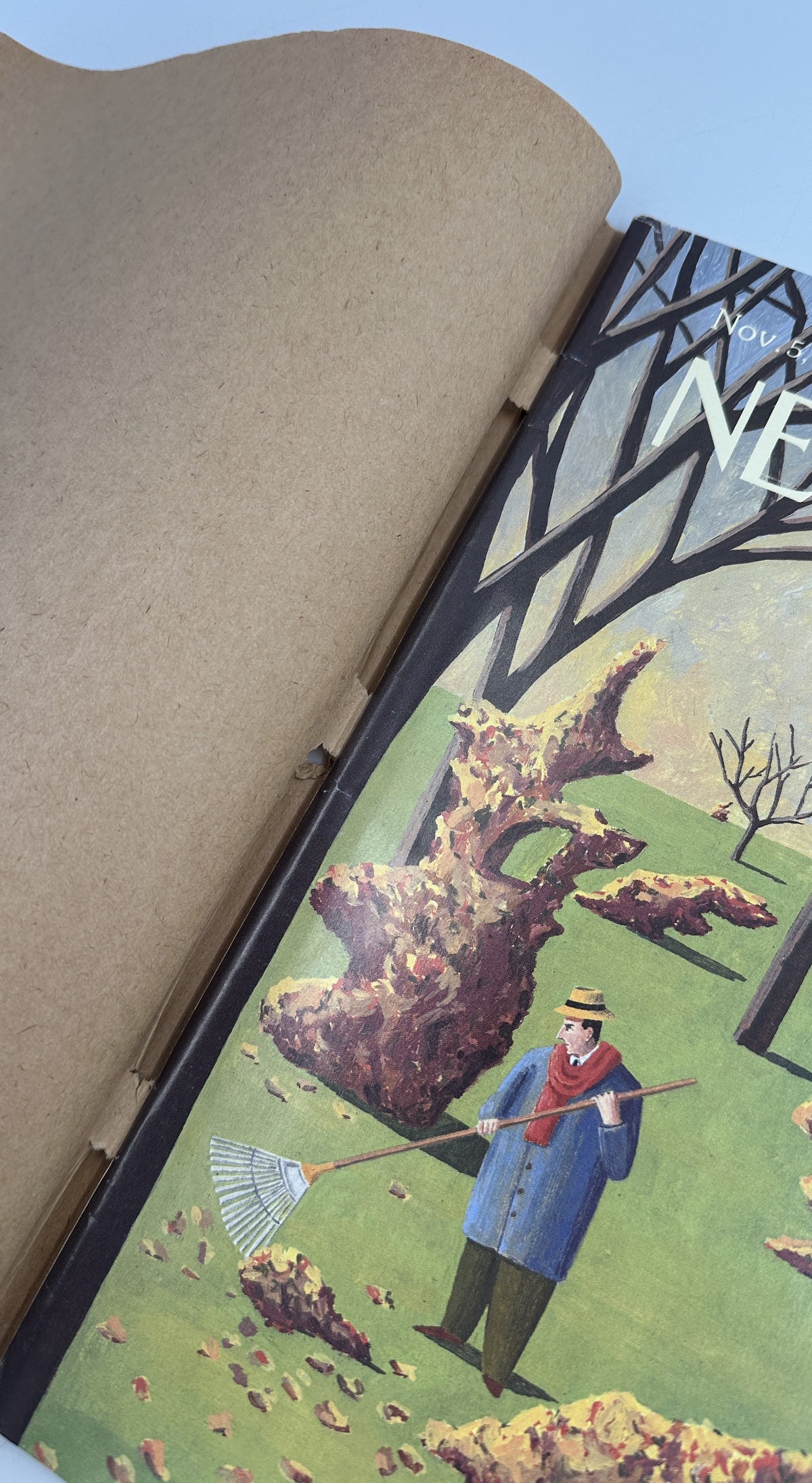 The New Yorker Magazine November 5, 1990 Autumn Leaf Piles Park Benoît van Innis Cover VG, close-up of the illustrated autumn park cover showing a gardener raking leaves.