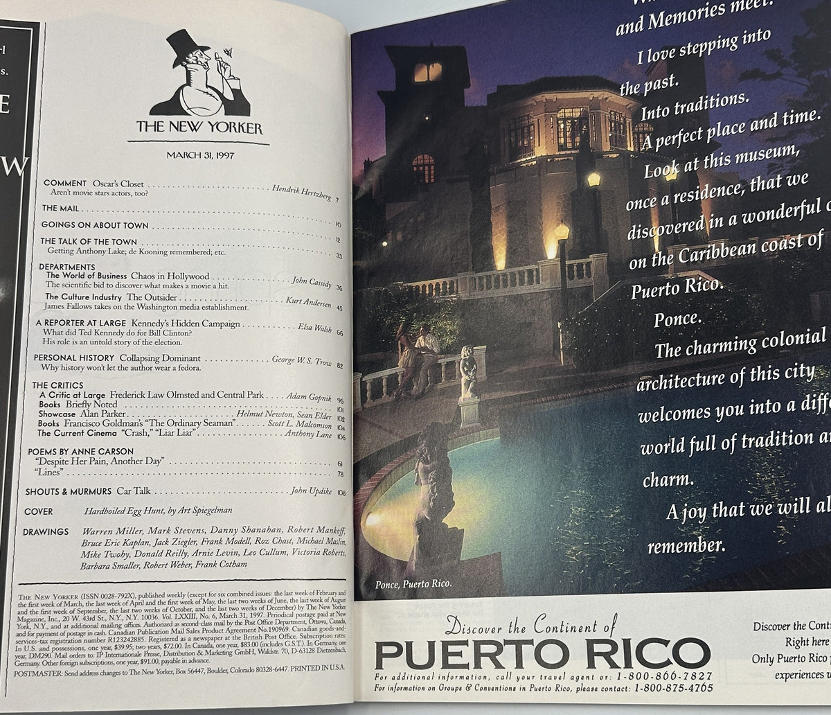 The New Yorker Magazine March 31, 1997 Easter Egg Hunt Detective Art Spiegelman Cover VG, open to the table of contents beside a Puerto Rico travel advertisement.