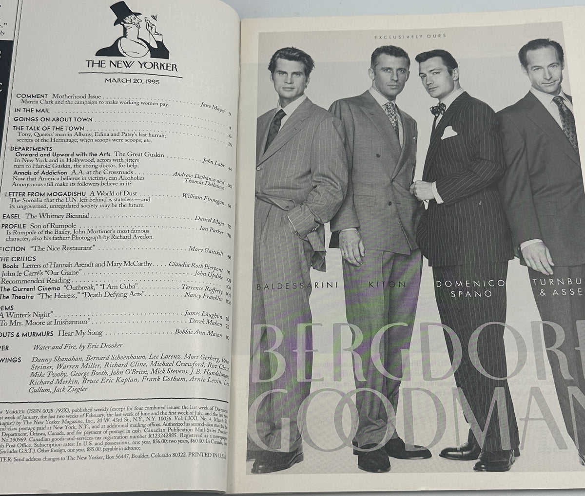 The New Yorker Magazine March 20, 1995 Industrial Cityscape Eric Drooker Cover VG open interior spread showing the table of contents and a black-and-white advertisement featuring four suited men