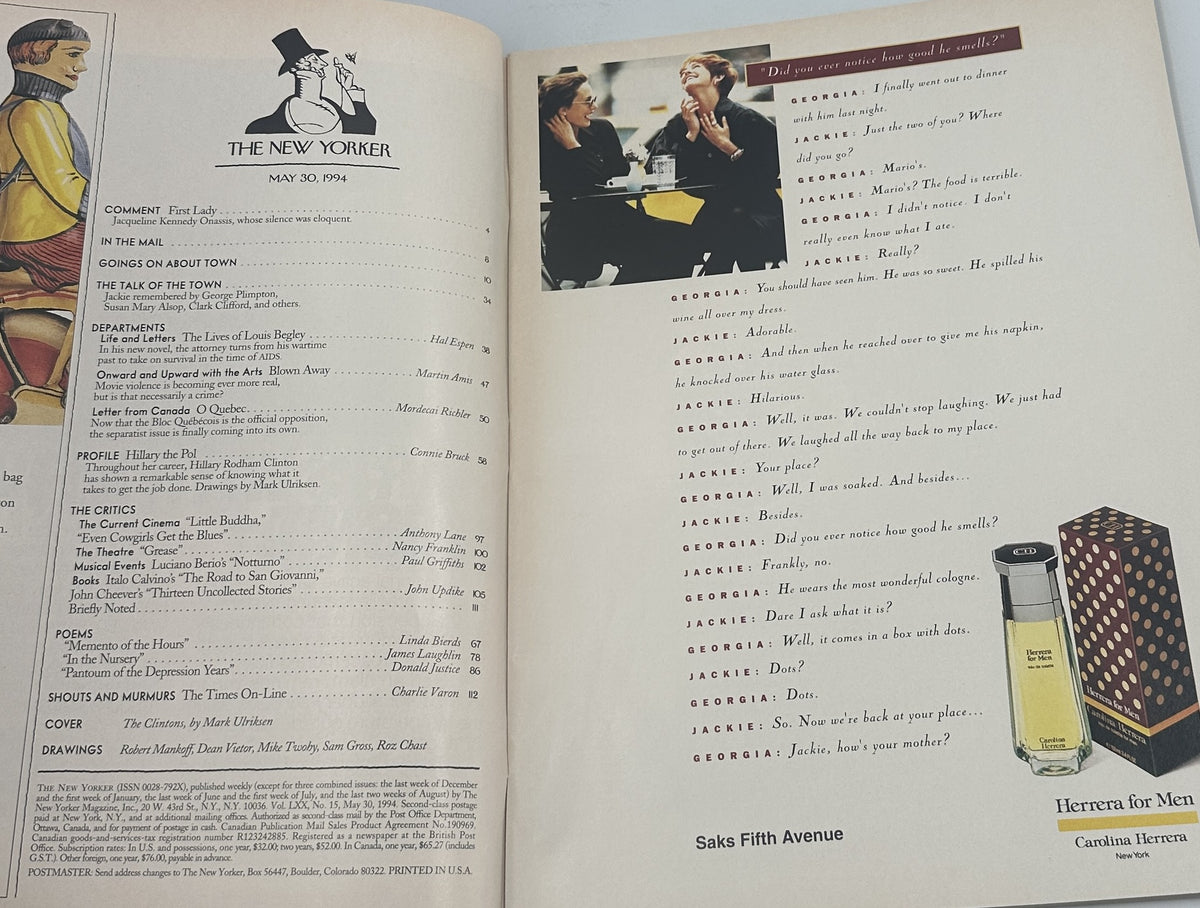 The New Yorker Magazine May 30, 1994 White House Hillary Clinton Mark Ulriksen Cover VG, open to an interior contents and advertising spread with The New Yorker masthead and Saks Fifth Avenue advertisements.