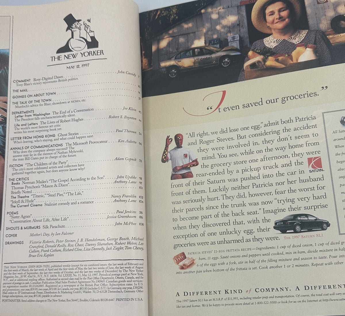 The New Yorker Magazine May 12, 1997 Mother's Day Ian Falconer Cover VG, open to the table of contents and illustrated interior pages with vintage magazine advertisements