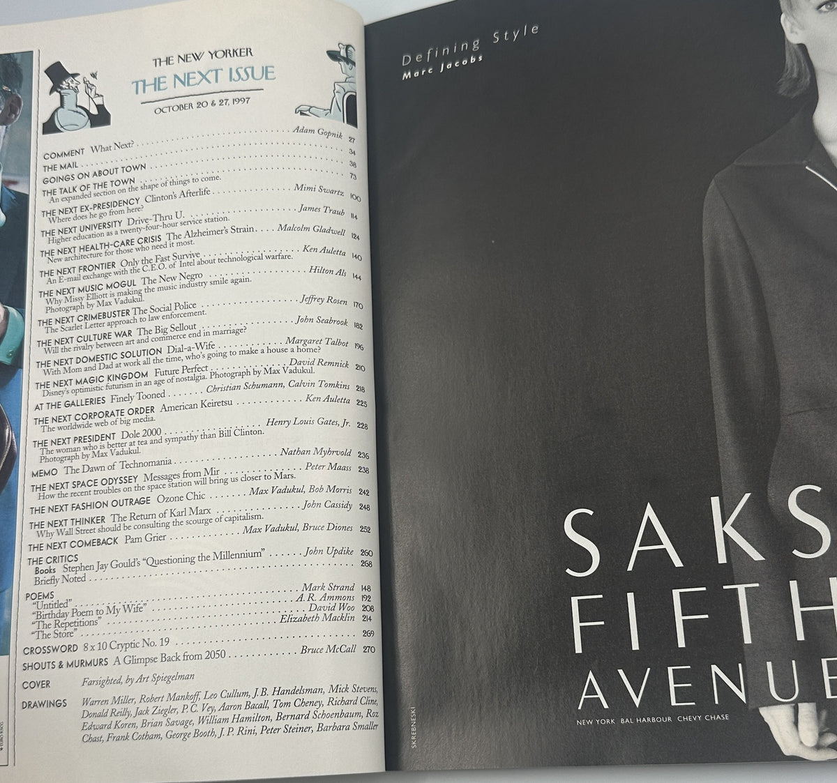 The New Yorker Magazine October 20 & 27, 1997 Futuristic Rocket Eye Chart Cover VG, opened to the table of contents beside a Saks Fifth Avenue fashion advertisement.