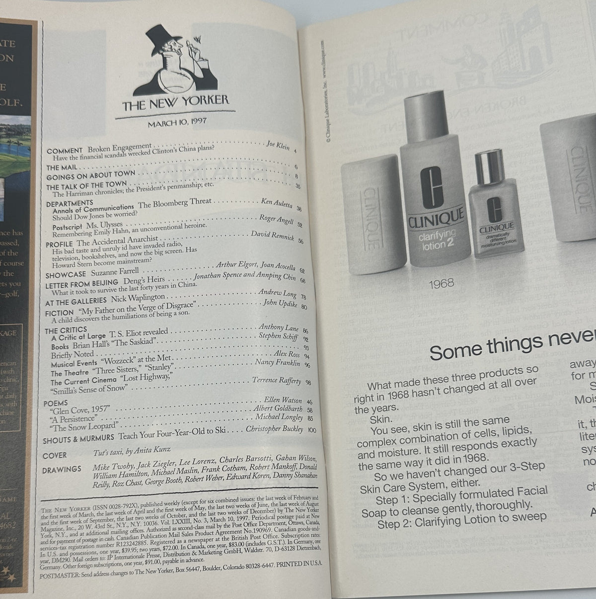 The New Yorker Magazine March 10, 1997 Egyptian Hieroglyph Taxi Anita Kunz Cover VG, interior table of contents page shown beside a vintage fragrance advertisement.