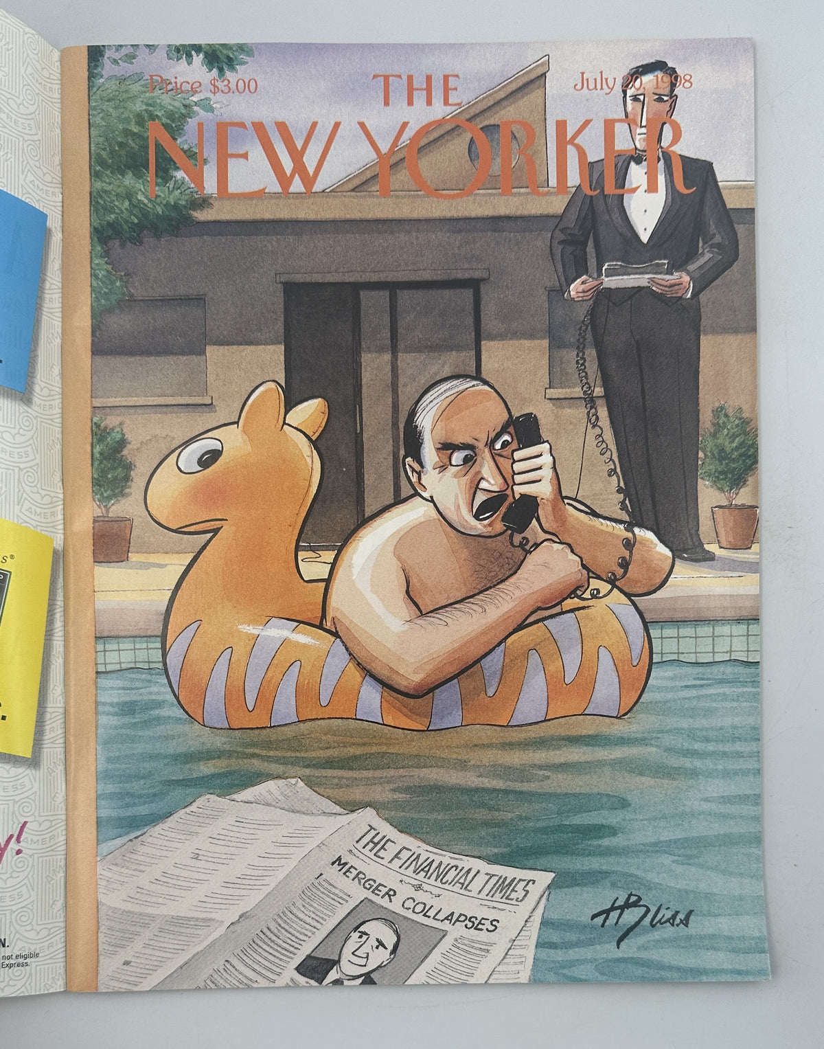 The New Yorker Magazine July 20, 1998 Pool Phone Merger Harry Bliss Cover VG, Harry Bliss pool phone merger cover illustration showing a man floating in a pool with a newspaper and a suited figure in the background.