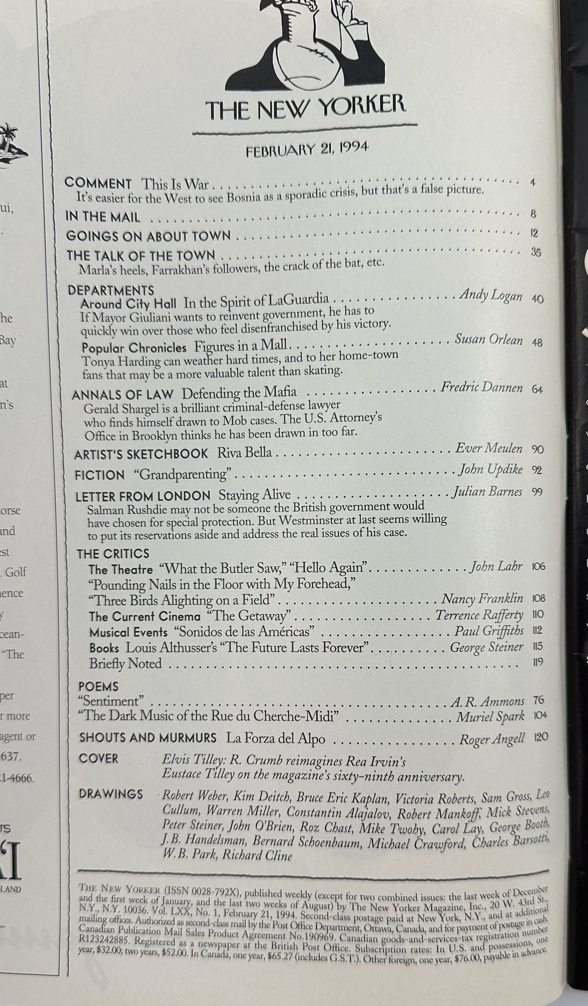 The New Yorker Magazine February 21, 1994 Urban Man Video Flyer R. Crumb Cover VG, interior table of contents page listing articles, departments, fiction, poetry, reviews, drawings, and the R. Crumb cover feature