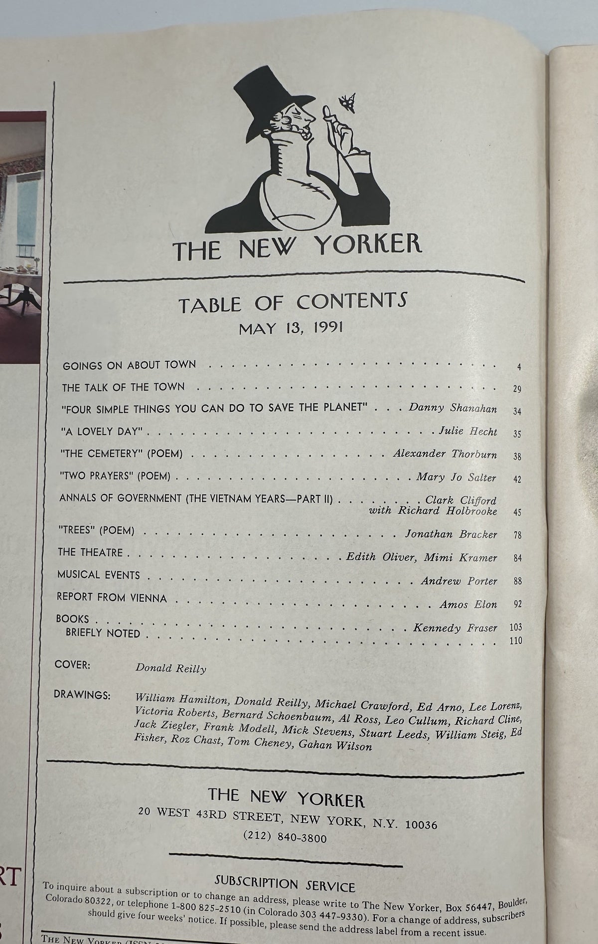 The New Yorker Magazine May 13, 1991 Mother Statue Jogger Park Donald Reilly Cover VG table of contents page featuring articles, poems, theater, books, and drawings listings