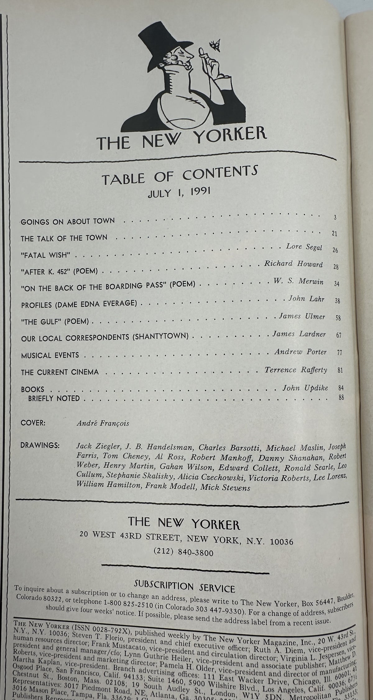 The New Yorker Magazine July 1, 1991 Bees Toasting Wine Floral André François Cover VG, showing the table of contents and publication information page.