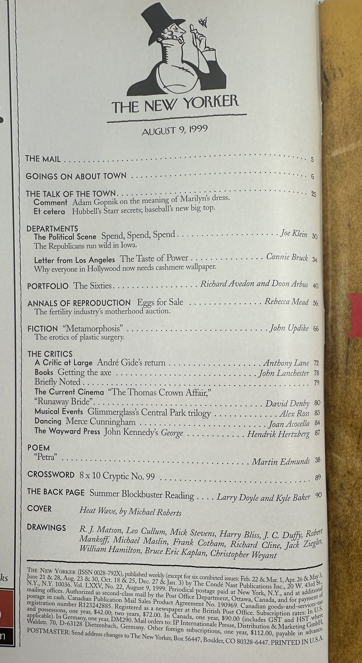 The New Yorker Magazine August 9, 1999 Vultures City Heat Wave Michael Roberts Cover VG, interior table of contents page listing articles, fiction, reviews, cartoons, and the Michael Roberts cover artwork.