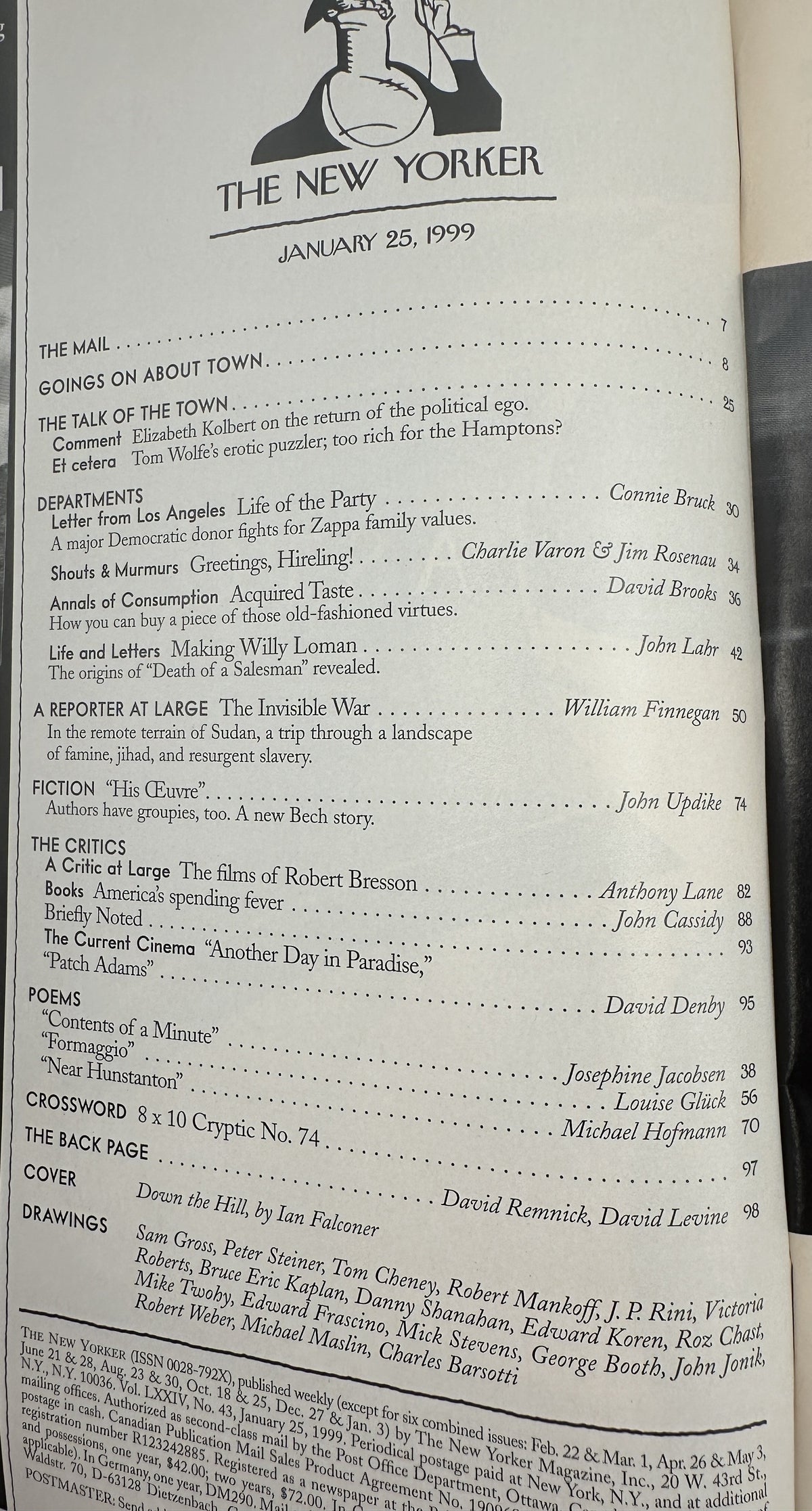 The New Yorker Magazine January 25, 1999 Snowboarders Winter Ian Falconer Cover VG, interior table of contents page listing articles, fiction, poems, reviews, crossword, and back page contributors.