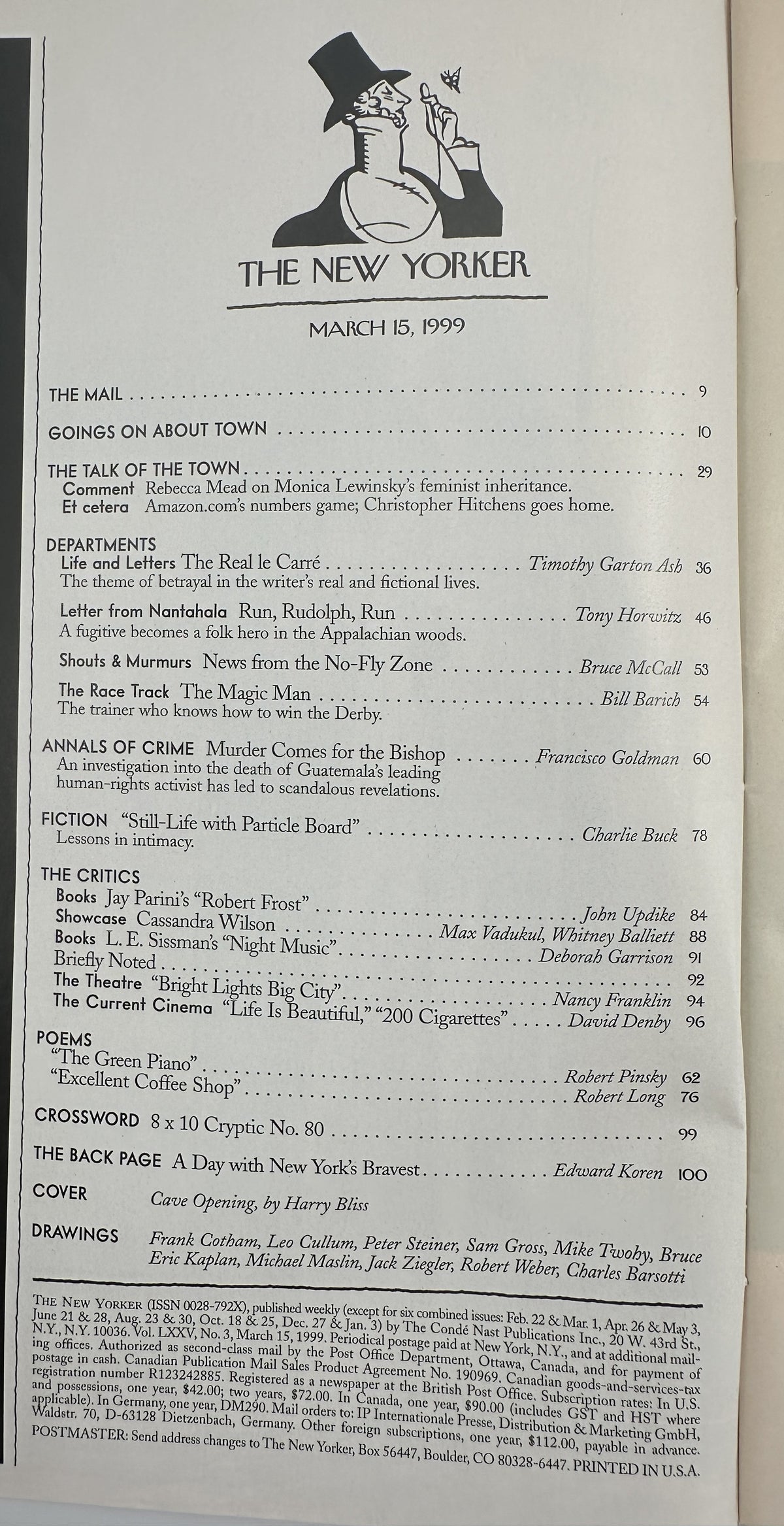 The New Yorker Magazine March 15, 1999 Cave Gallery Museum Harry Bliss Cover VG, showing the table of contents page with feature articles, fiction, poems, theater and film reviews, crossword, and cover credit for Harry Bliss.