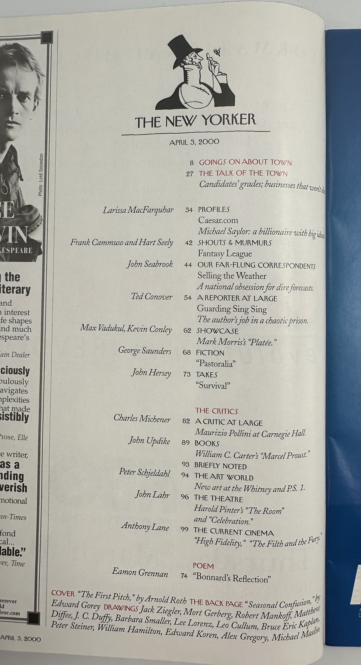 The New Yorker Magazine April 3, 2000 Baseball First Pitch Arnold Roth Cover VG, showing the magazine's interior table of contents page with feature articles, fiction, reviews, and cover credits.