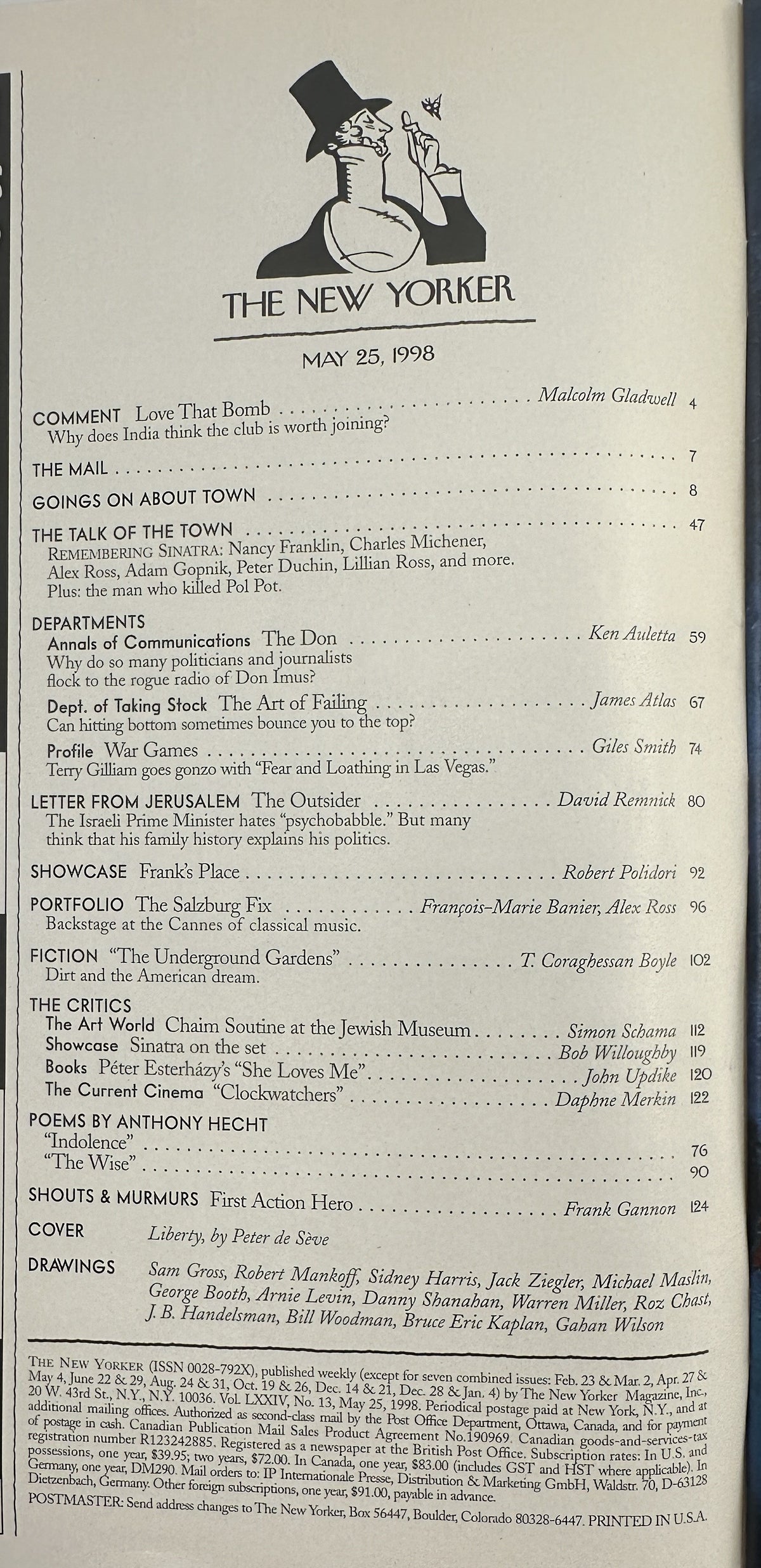 The New Yorker Magazine May 25, 1998 Statue of Liberty Flood Peter de Sève Cover VG, interior table of contents page listing articles, fiction, poetry, reviews, cartoons, and the Peter de Sève Liberty cover illustration.