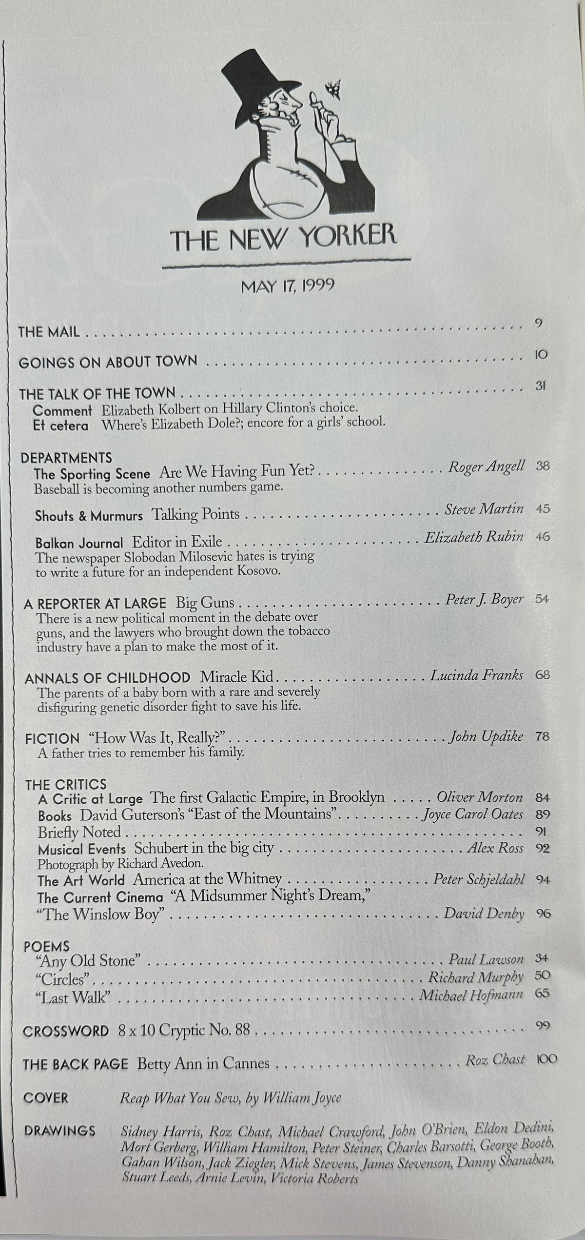 The New Yorker Magazine May 17, 1999 Smiling Sunflower William Joyce Cover VG, showing the magazine table of contents page with articles, fiction, poems, reviews, crossword, and cover credits.