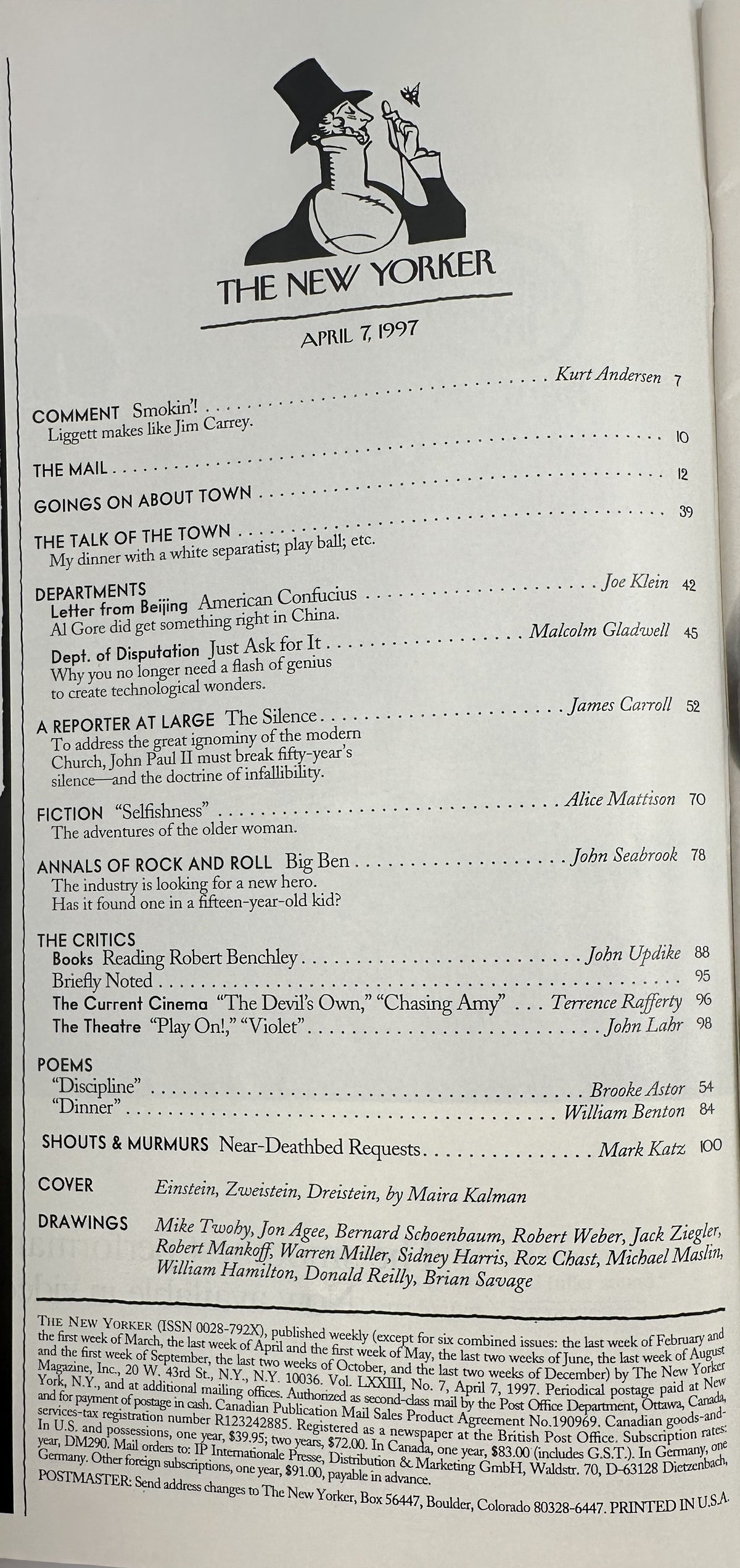 The New Yorker Magazine April 7, 1997 Four Sheep Maira Kalman Cover table of contents page with listings for featured articles, fiction, criticism, poems, and drawings