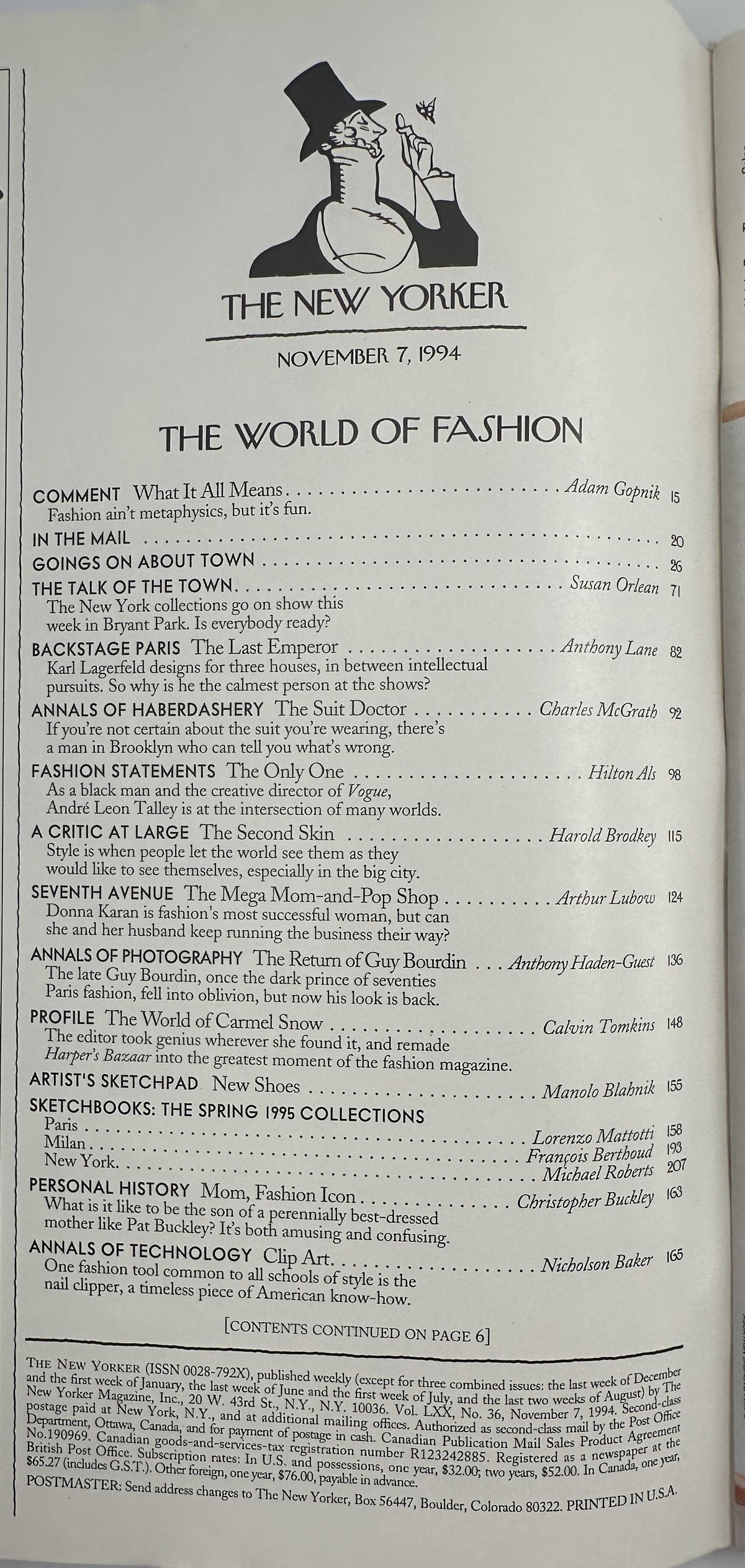 The New Yorker Magazine November 7, 1994 Red High Heels Fashion Art Spiegelman Cover shown open to the World of Fashion table of contents page.