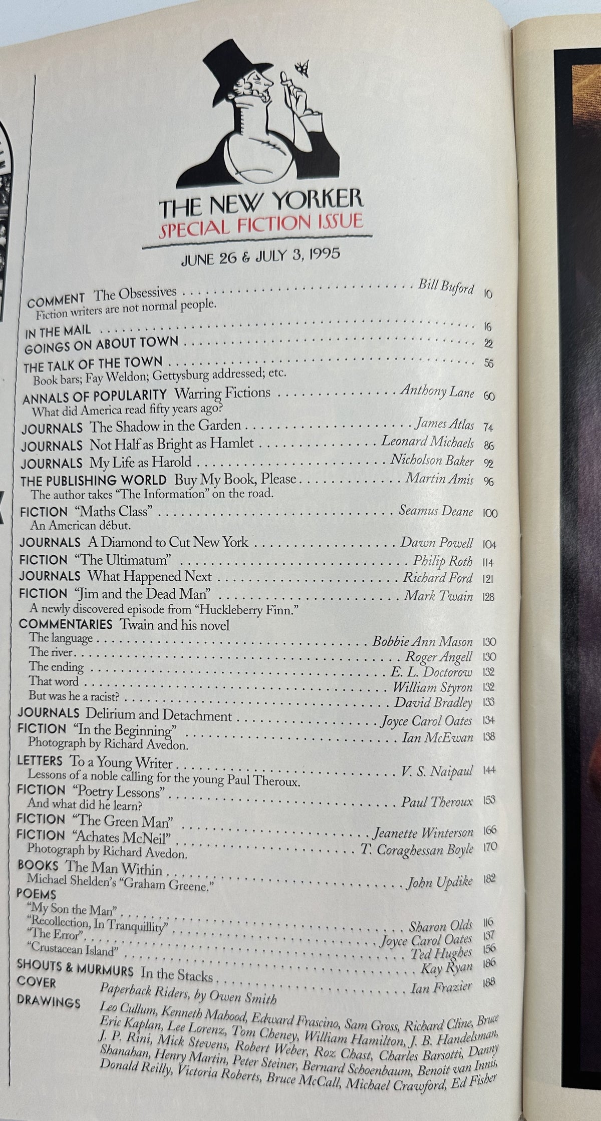 The New Yorker Magazine June 26 & July 3, 1995 Paperback Riders Owen Smith Cover, open to the Special Fiction Issue table of contents listing fiction, journals, books, poems, and featured writers.