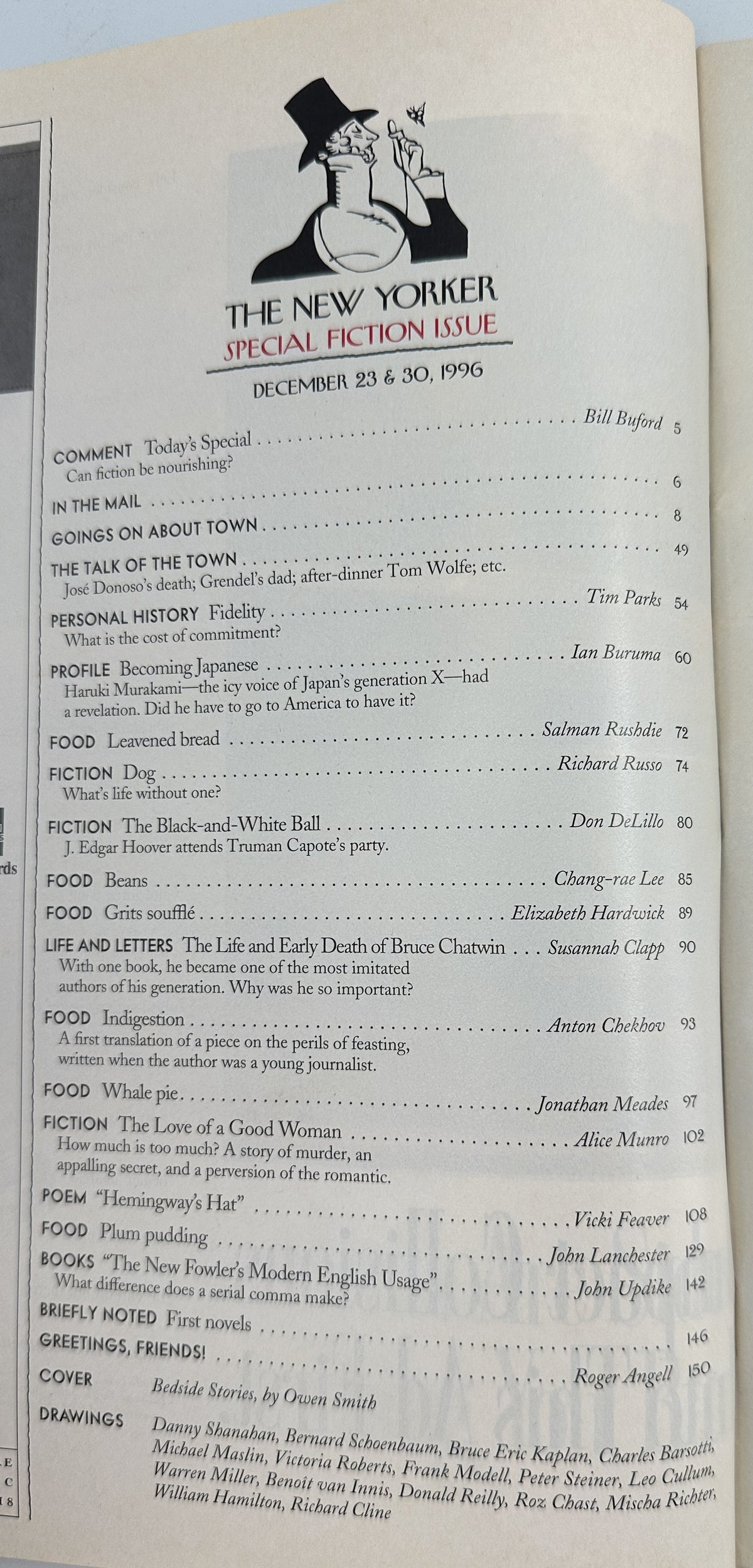 The New Yorker Magazine December 23 & 30, 1996 Bedside Stories Owen Smith Cover table of contents page listing fiction, food, profiles, books, poems, and drawings