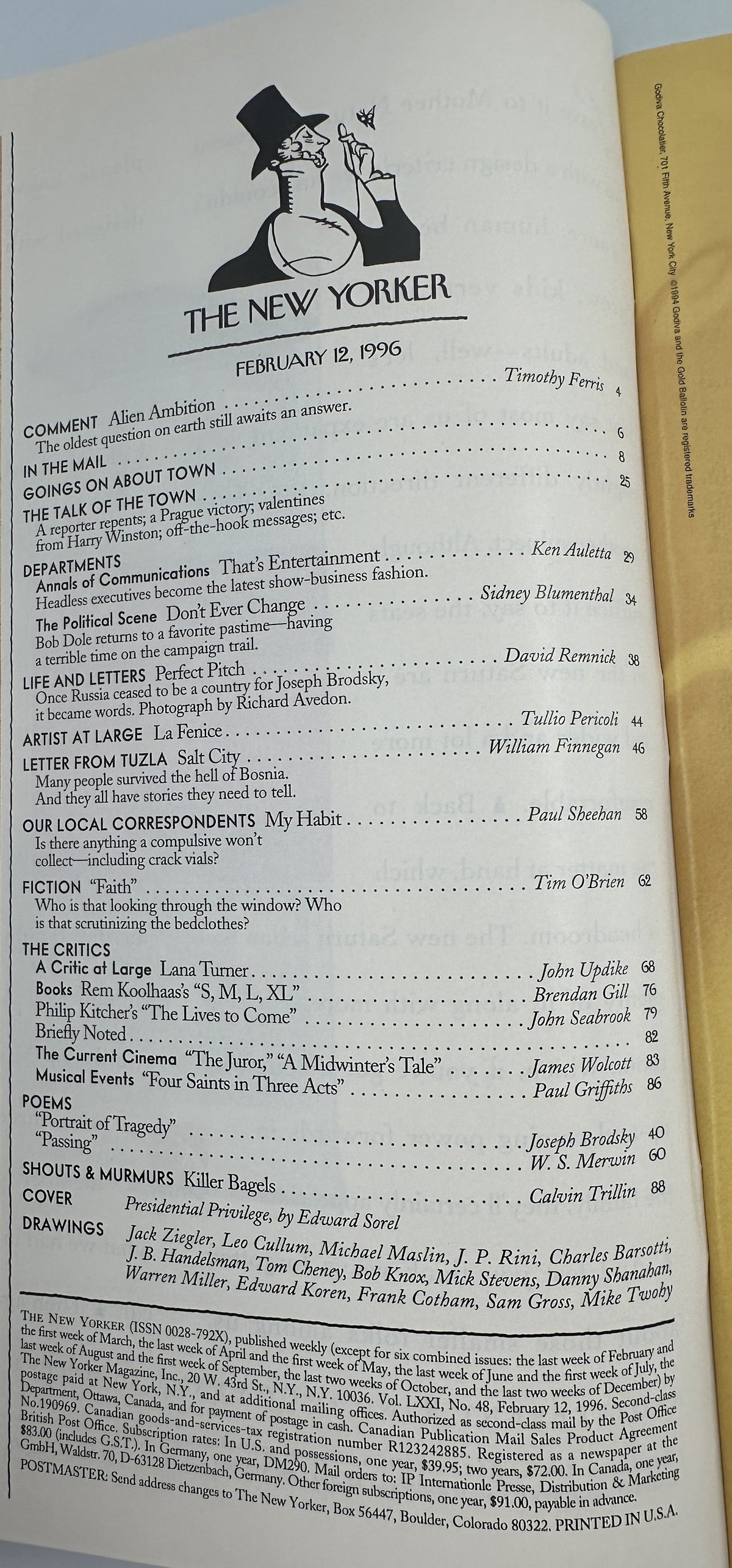 The New Yorker Magazine February 12, 1996 Political Poker Edward Sorel Cover showing the issue's printed table of contents and editorial listings.