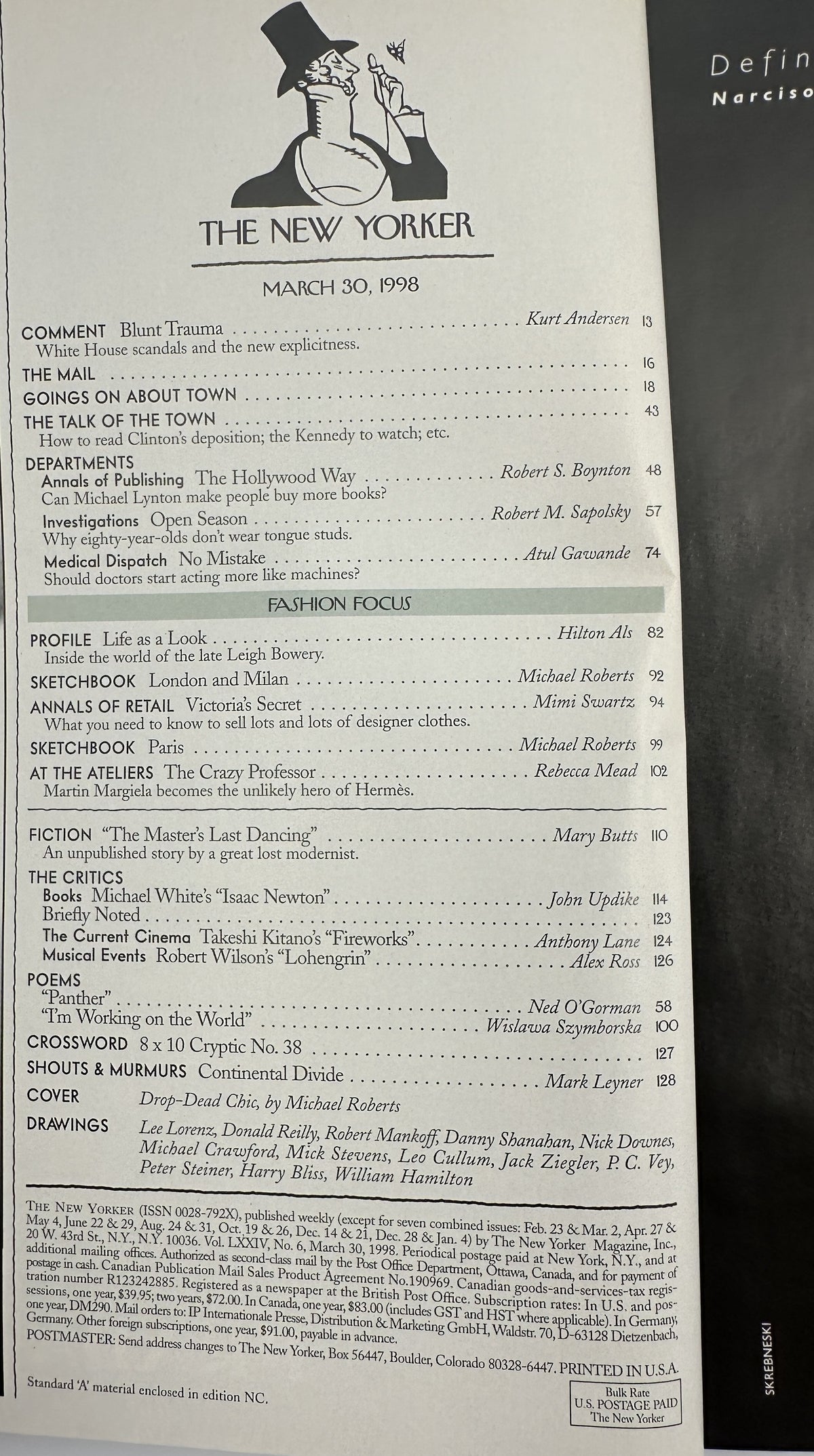 The New Yorker Magazine March 30, 1998 Drop-Dead Chic Michael Roberts Cover shown open to the table of contents page with departments, fashion features, fiction, criticism, poems, and cartoons